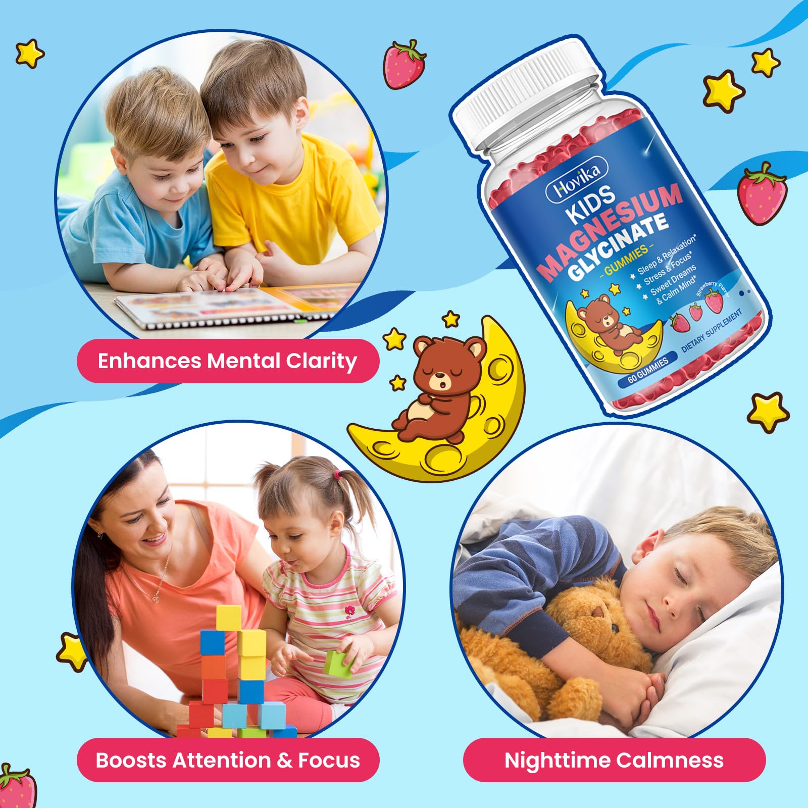 Magnesium Glycinate Gummies for Kids - with L-Theanine, Omega-3, Vitamin B6, D3, Zinc - Kids Magnesium Gummies for Sleep, Relaxation, Calm & Focus - Sugar Free Strawberry 60ct Hovika uk supplements