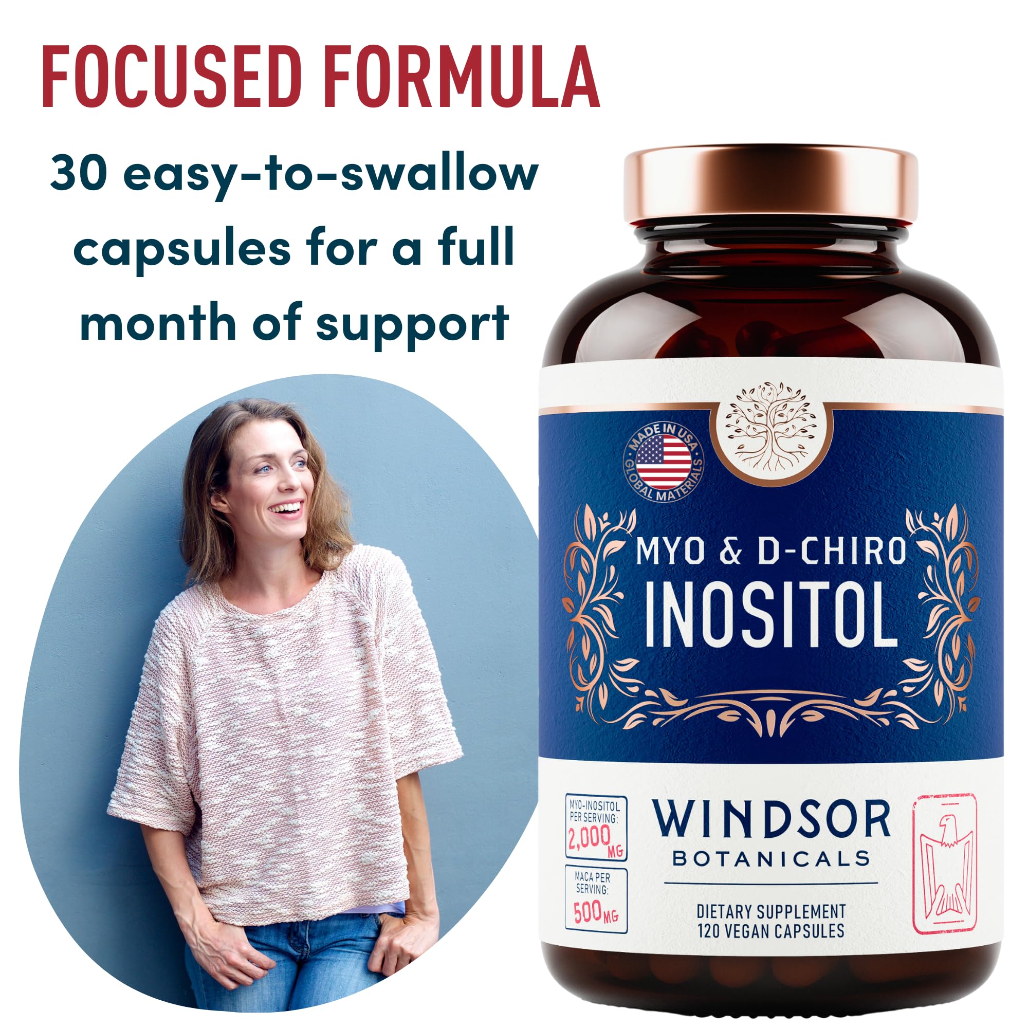 Myo-Inositol & D-Chiro Inositol 40:1 Ratio 2,000 mg - PCOS Supplements with Maca Root & Ashwagandha - Ovarian Health Support Vitamins - Hormone & Fertility Supplements for Women - 120 Vegan Caps WINDSOR BOTANICALS uk supplements