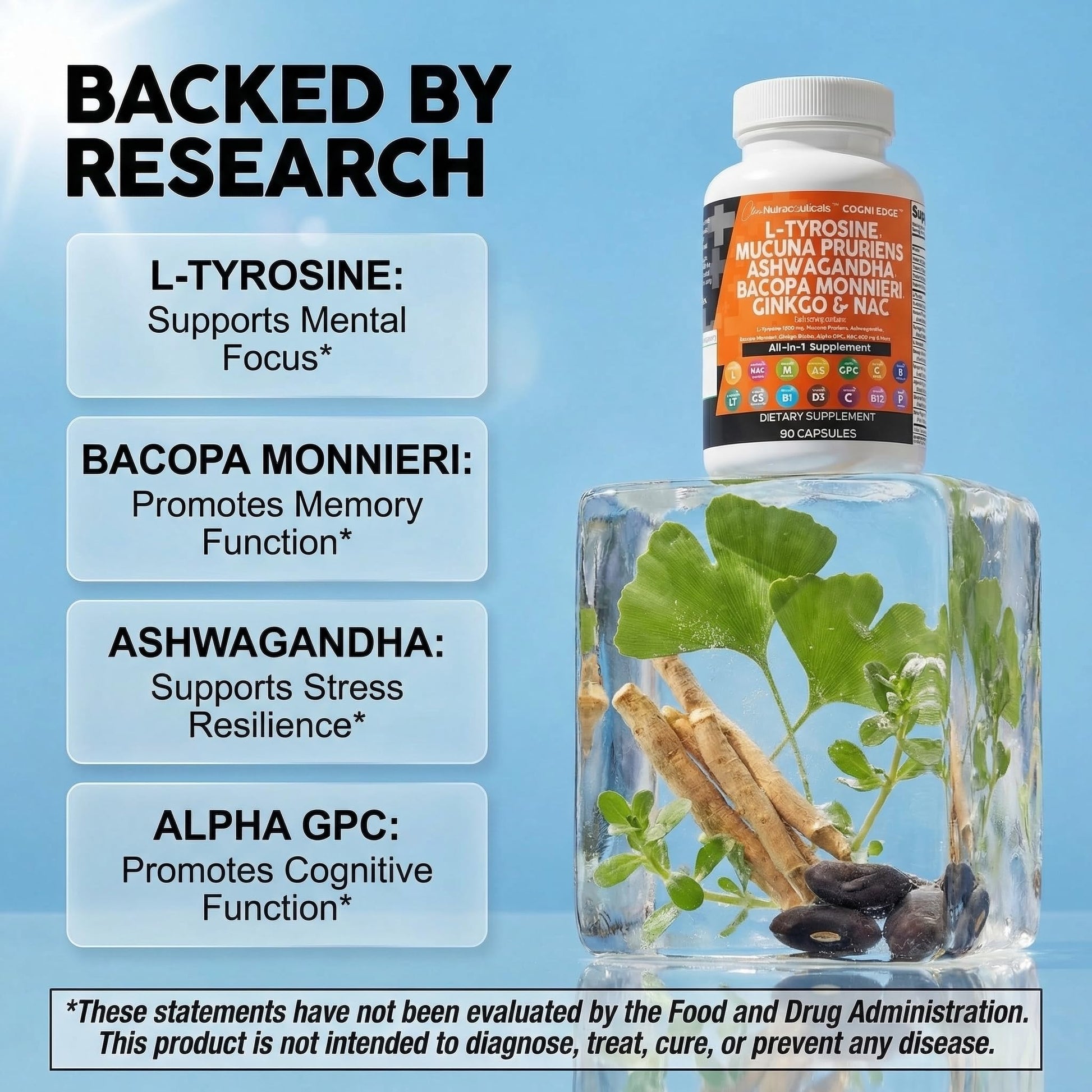 Clean Nutraceuticals L Tyrosine Mucuna Pruriens Bacopa Monnieri Ashwagandha Focus Supplement w/N-Acetyl Cysteine NAC 5-HTP Ginkgo Biloba Alpha GPC Vitamin C D B1 B12 Clean Nutraceuticals uk supplements