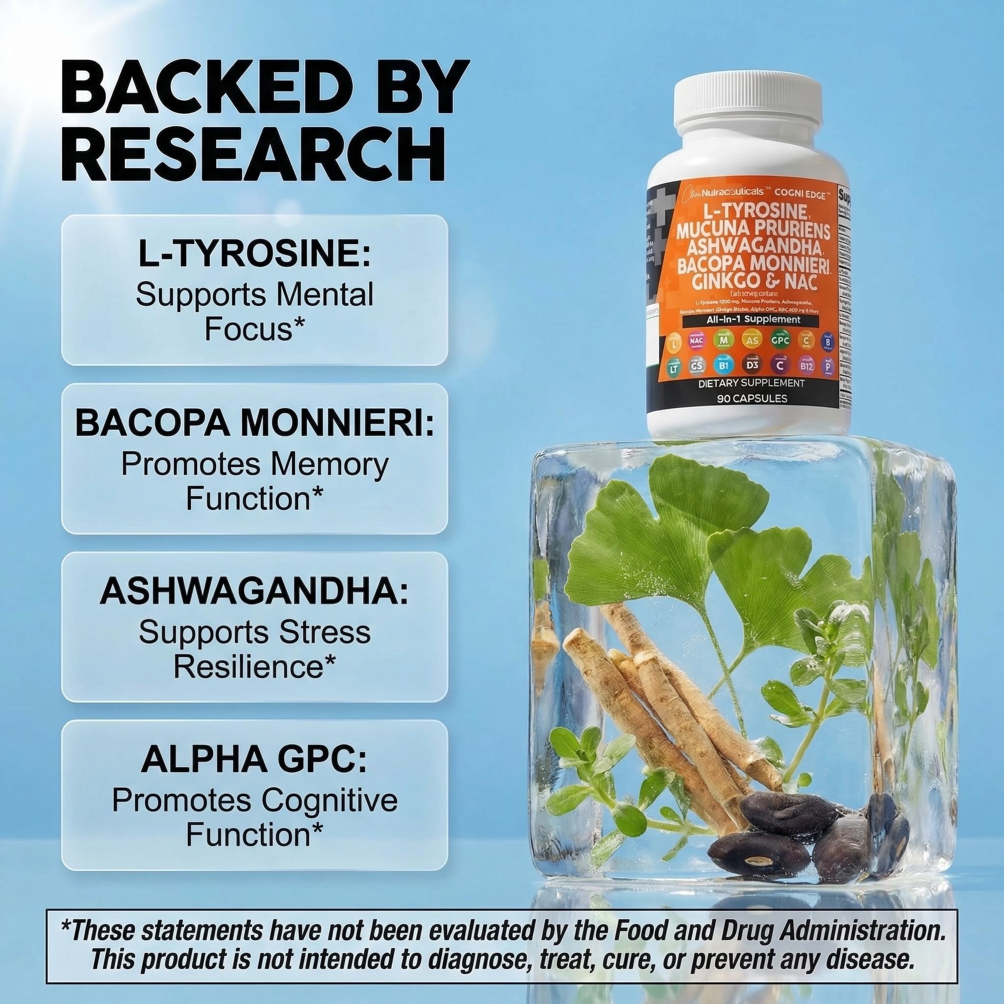 Clean Nutraceuticals L Tyrosine Mucuna Pruriens Bacopa Monnieri Ashwagandha Focus Supplement w/N-Acetyl Cysteine NAC 5-HTP Ginkgo Biloba Alpha GPC Vitamin C D B1 B12 Clean Nutraceuticals uk supplements