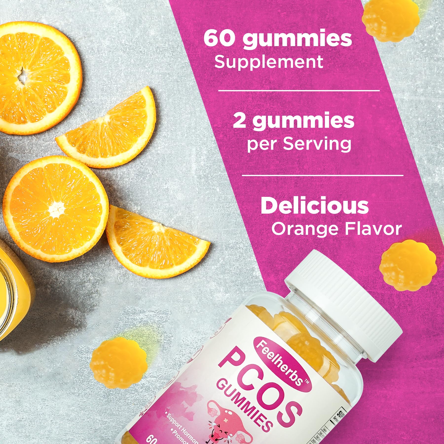PCOS Gummies for Women Menstrual Cycle & Hormonal Balance, 60 Count Ovarian Support Gummies with Myo-Inositol, Folate and Vitamins, Orange Flavor PCOS Vitamins Gummies Helps Fertility and Ovulation Feelherbs uk supplements