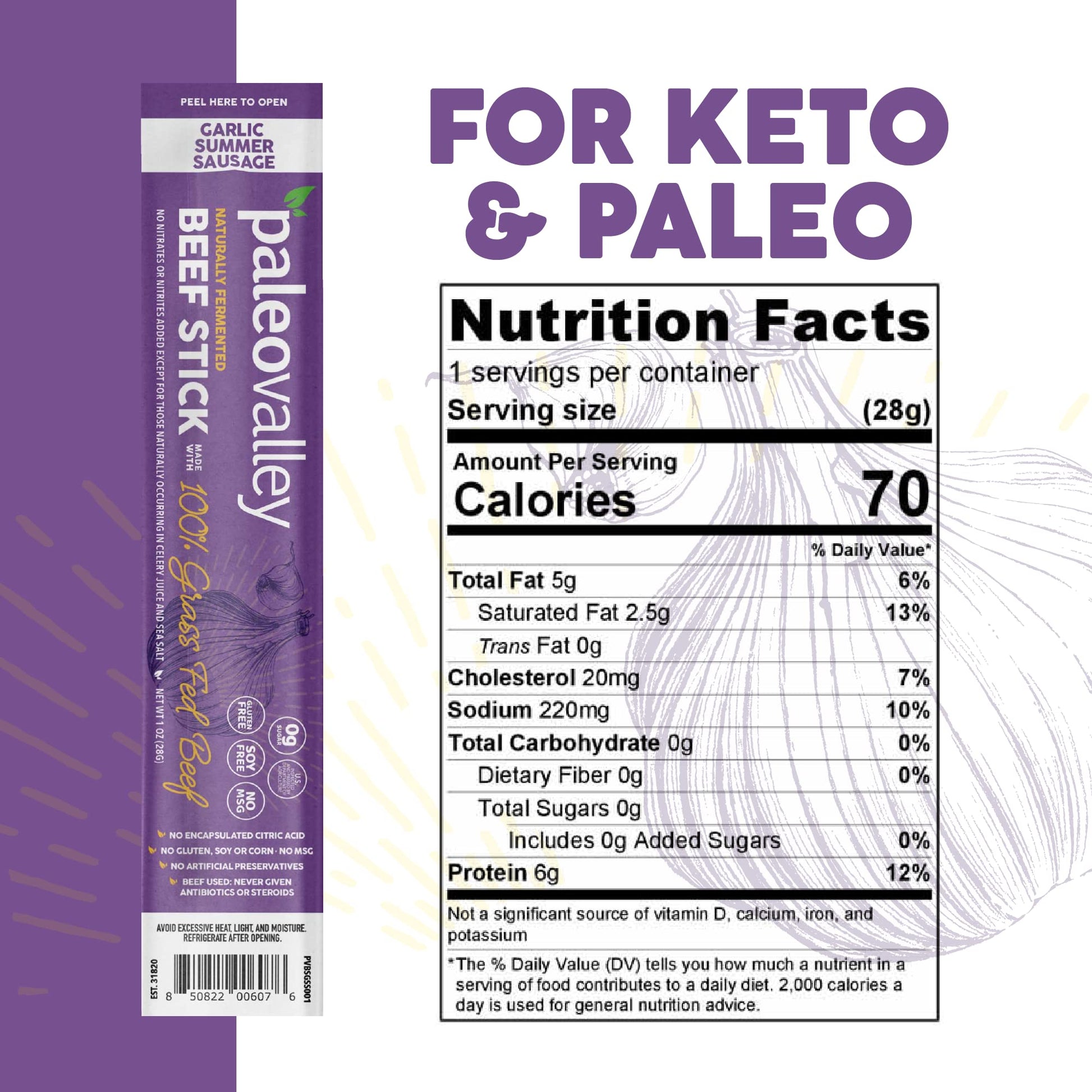 Paleovalley 100% Grass Fed Garlic Summer Sausage Beef Sticks - Delicious Gluten Free Beef Snack - High Protein Keto Friendly Paleovalley uk supplements