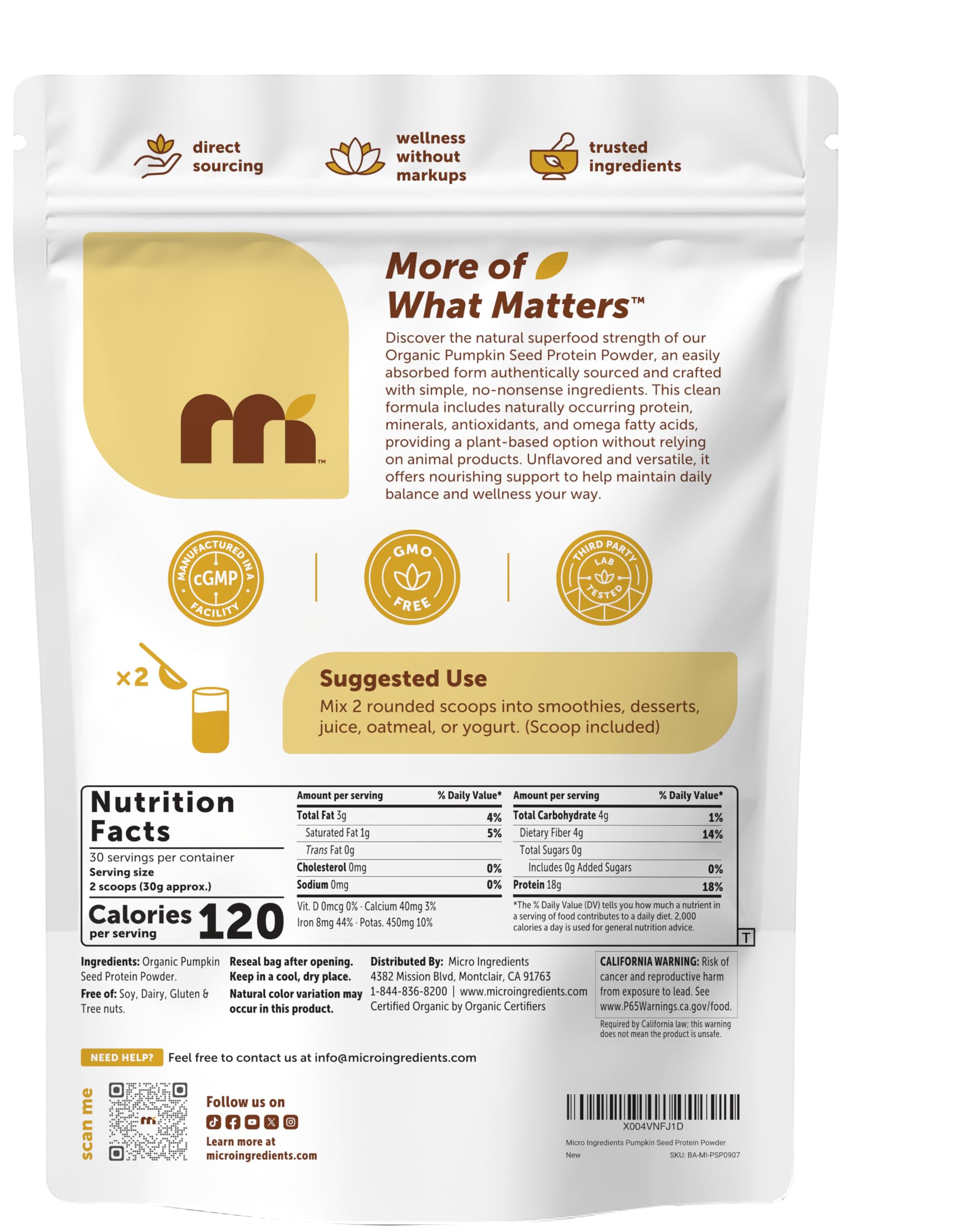 Micro Ingredients Organic Pumpkin Seed Protein Powder, 2lb | Raw Plant-Based Protein | Single-Ingredient Powder | Smooth Texture & Versatile Use | Non-GMO, Soy Free Micro Ingredients uk supplements
