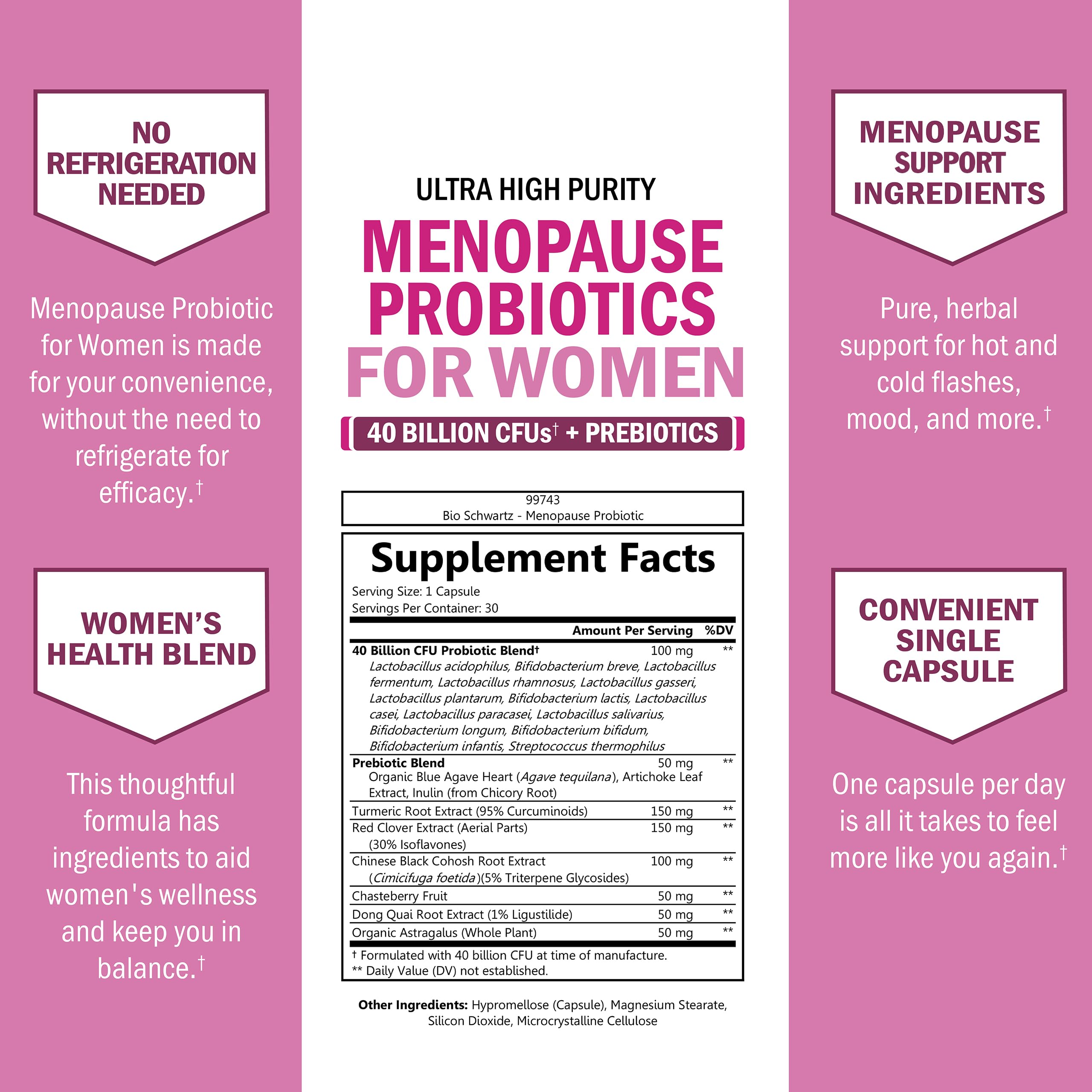 Menopause Supplements for Women - 40 Billion CFU Menopause Probiotics for Women - Support for Hot Flashes Night Sweats Mood Swings and Balance - Non-GMO, 30 Easy-Swallow Capsules, 30 Servings BioSchwartz uk supplements
