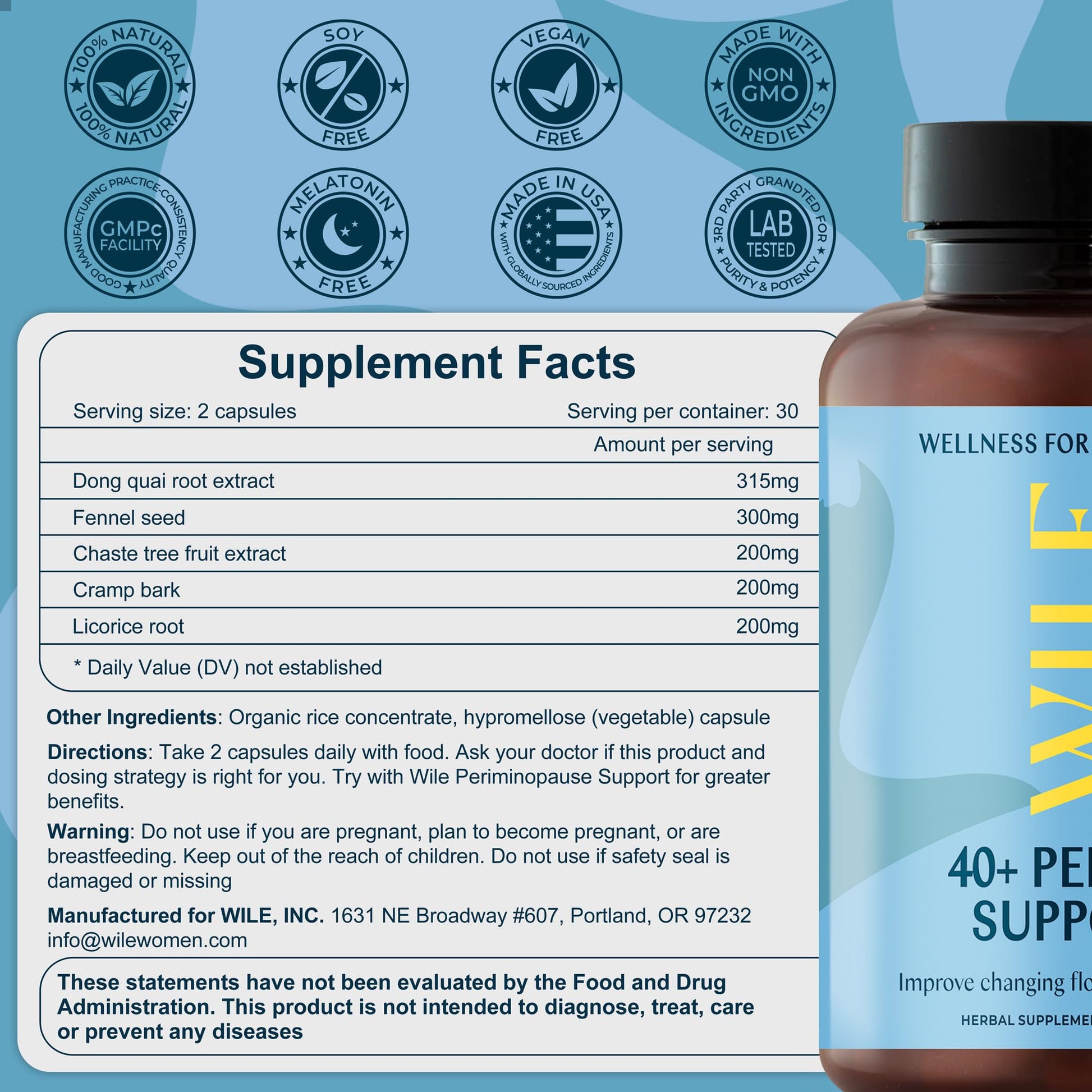 WILE Menopause and Perimenopause Supplements for Women - Menstrual Cramp, PMS and Heavy Period Relief with Dong Quai - Premenopausal Support for Hormone Balance & Improved Mood, Vegan, 30 Servings WILE uk supplements