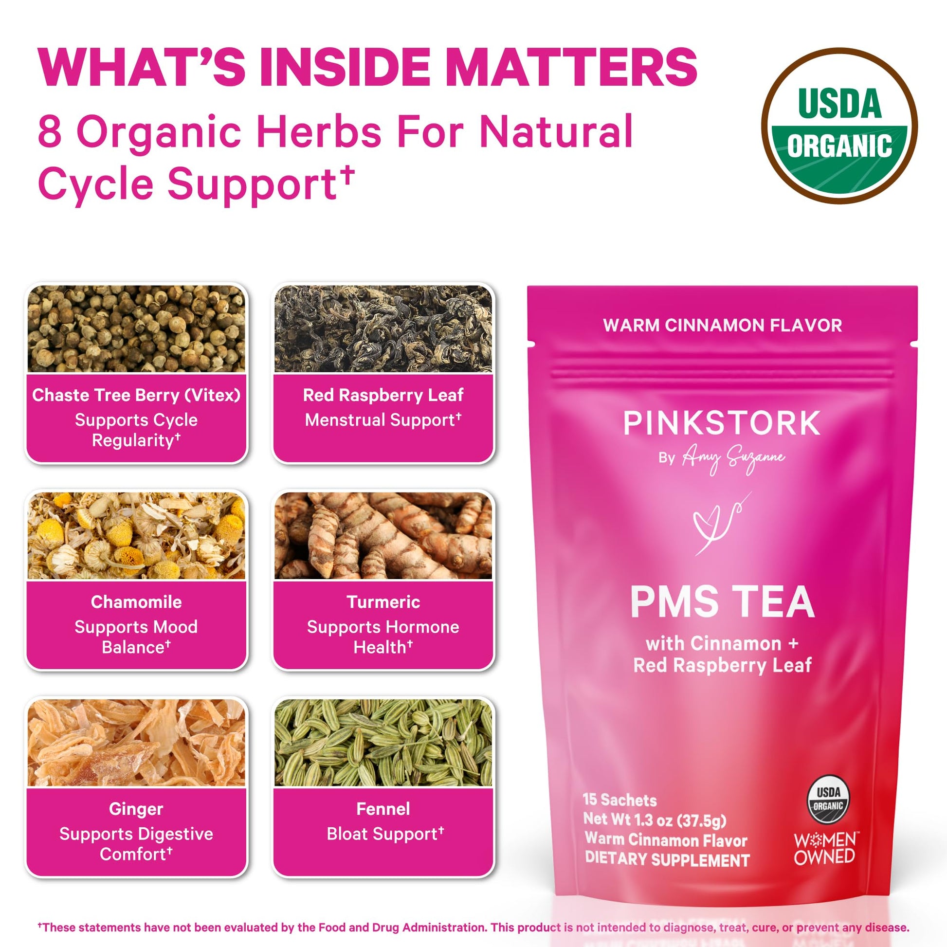 Pink Stork Organic PMS Tea for Hormone Balance, Mood Swings, Bloating, and Period Regularity - 8 Herbs - Vitex, Red Raspberry Leaf, Chamomile - Caffeine-Free - 15 Sachets, Hot or Iced Pink Stork uk supplements