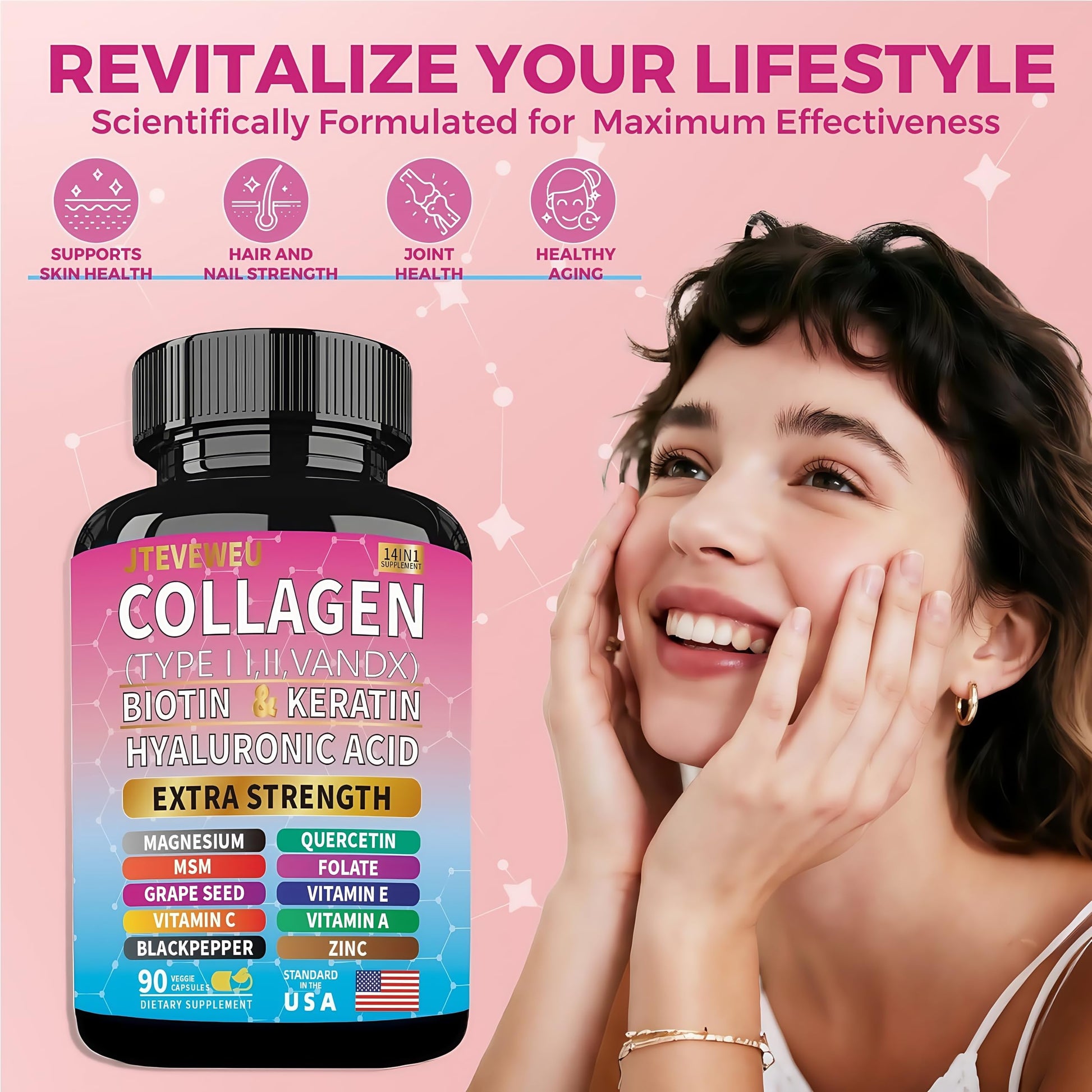 JTEVEweu Collagen Supplement - Type I, II, III, V and X - with Biotin, Keratin, Hyaluronic Acid & 13+ Extra Strength Ingredients - （90 Capsules） JTEVEweu uk supplements