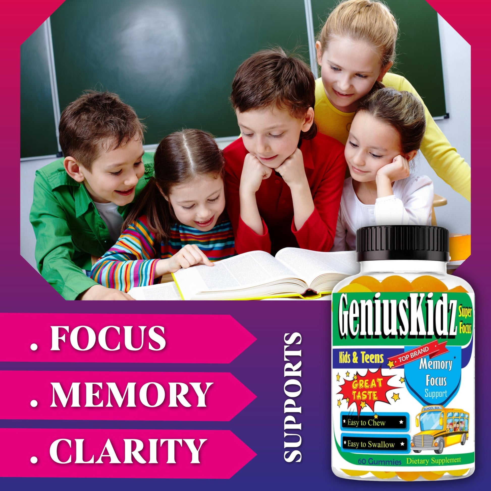 Celebrity Lifestyle Product Brain Support Focus Supplement for Kid and Teens Omega 3 Gummy Vitamin Memory and Attention, Brain Booster, Kid Focus Attention Supplement(1 Bottle) DHA 60ct Celebrity LifeStyle Product uk supplements