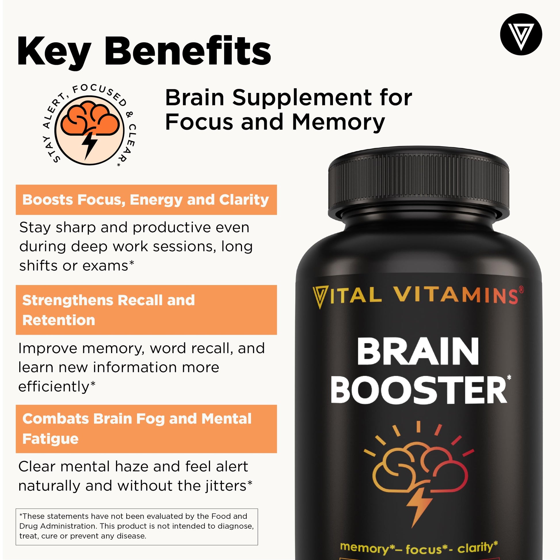 Vital Vitamins Brain Supplements with Bacopa Monnieri - for Memory and Focus – Nootropic Brain Booster - Caffeine-Free Support for Adults & Seniors – Non-GMO, 30-Day Supply, 30 Capsules Vital Vitamins uk supplements