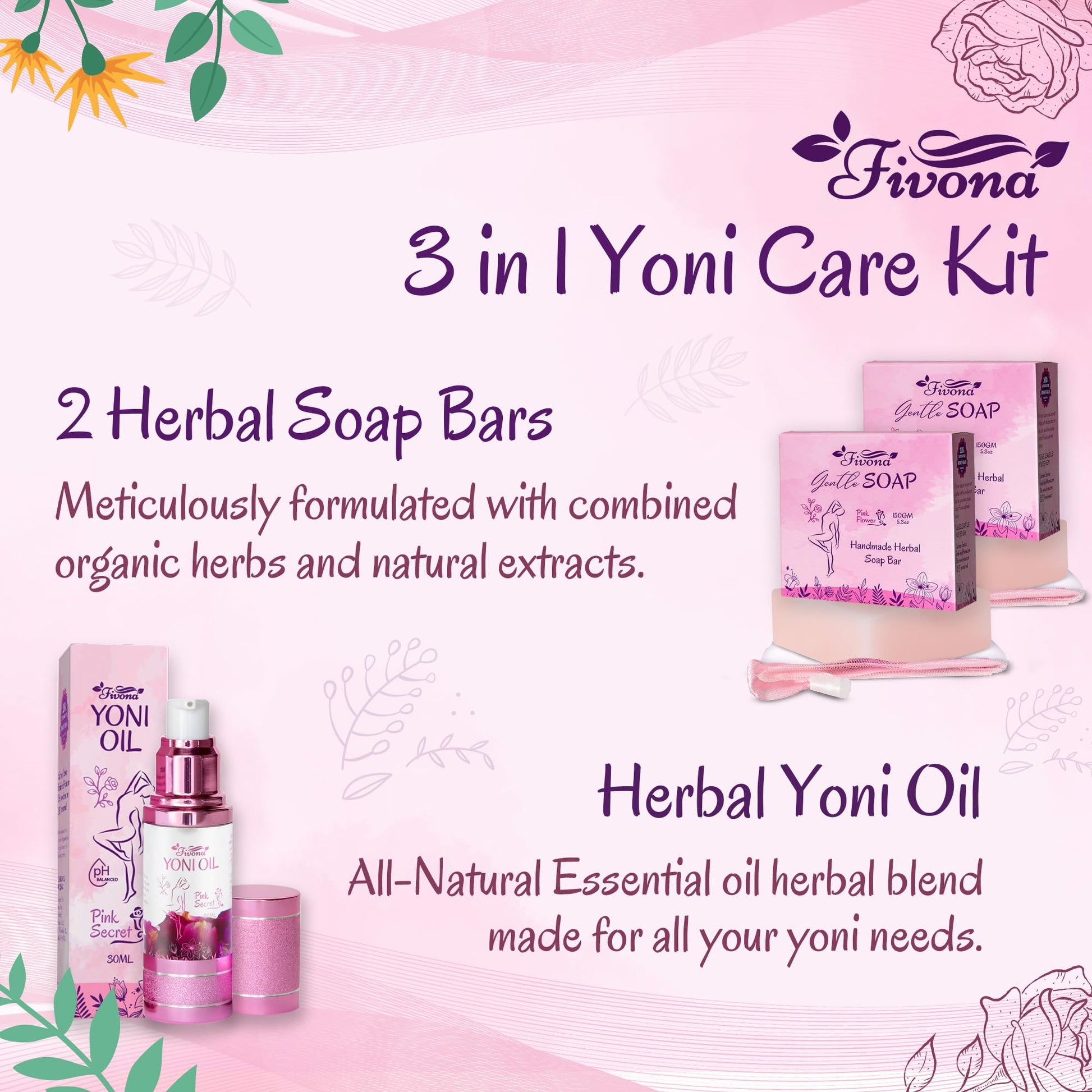 FIVONA 3 in 1 Set of Yoni Oil with 2 Yoni Soap Bars - Feminine pH Balanced Natural Vaginal Oil 30 ml FIVONA uk supplements