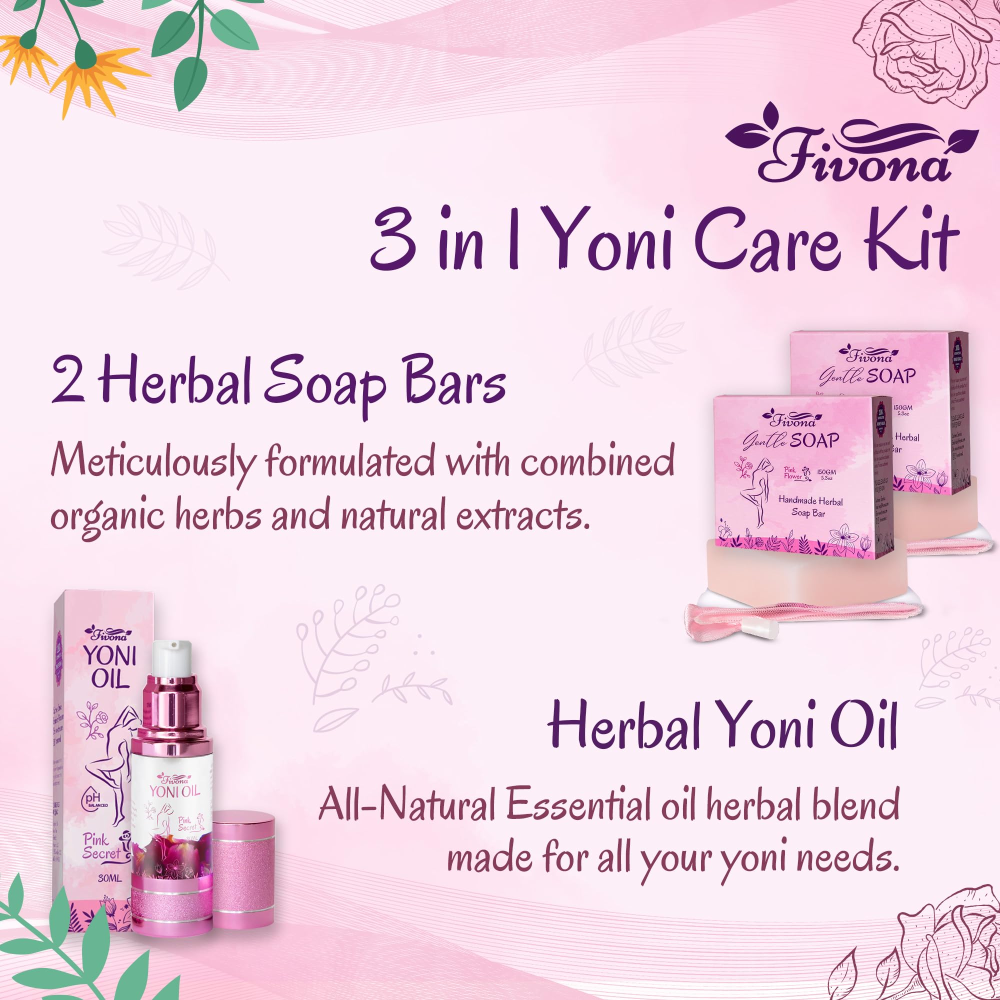FIVONA 3 in 1 Set of Yoni Oil with 2 Yoni Soap Bars - Feminine pH Balanced Natural Vaginal Oil 30 ml FIVONA uk supplements