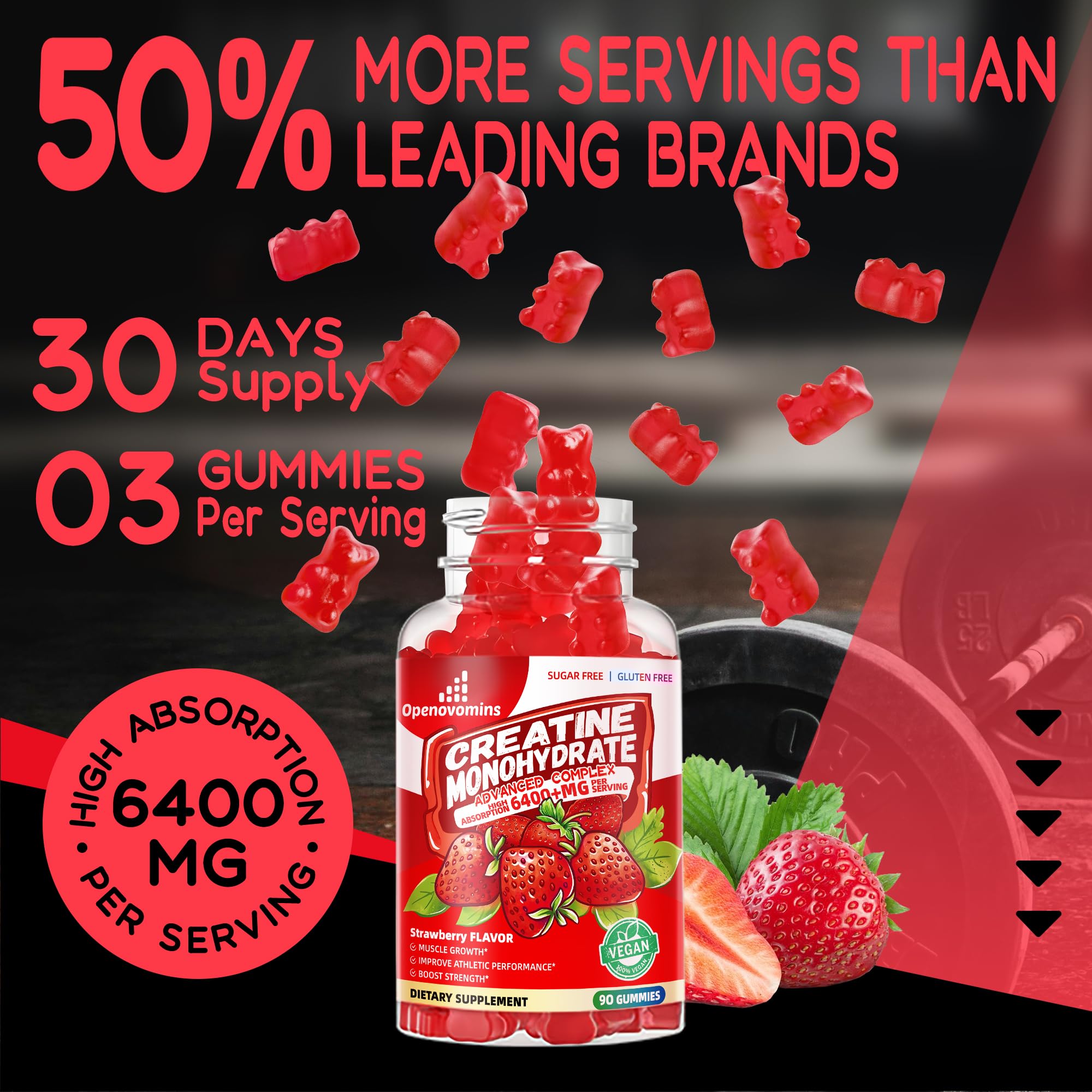 Creatine Monohydrate Gummies Complex for Men & Women -Advanced Formula W/L-Taurine + Vitamin B12, Sugar Free Chewable Supplement,90 Strawberry Gummies Openovomins uk supplements