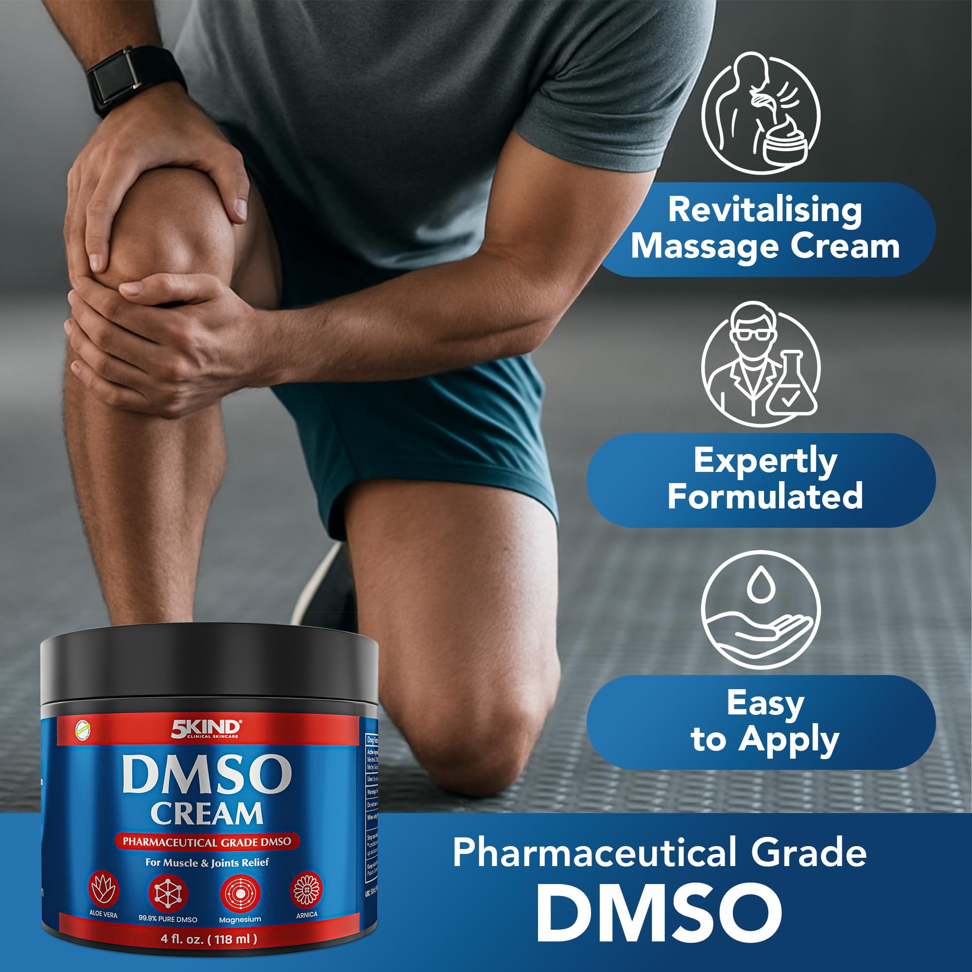 5Kind DMSO Cream for Pain Relief 4 fl oz - 99.9% Pure DMSO Pharmaceutical Grade Cream - Aloe Vera, Magnesium, Arnica & Menthol - Topical Muscle and Joint Pain Relief - Registered NDC - Made in USA 5kind clinical skincare uk supplements