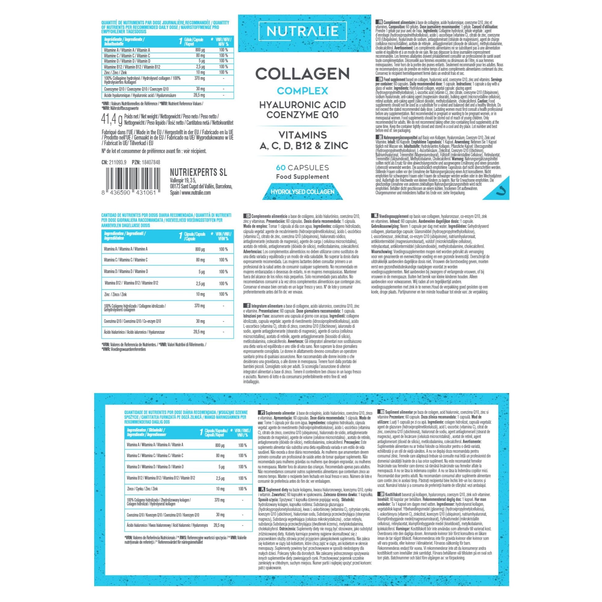 Collagen + Hyaluronic Acid + Q10 Hydrolysed Collagen Women Men + Vitamins A C D B12 Zinc NUTRALIE uk supplements