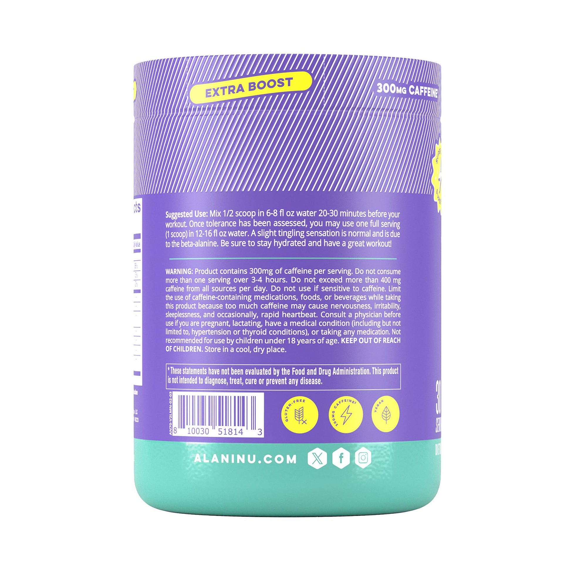 Alani Nu Pre Workout+ Powder Frozen Lemonade, Extra Boost, Sugar Free, 300mg Caffeine, L-Theanine, Beta-Alanine, Citrulline, 30 Servings Alani Nu uk supplements