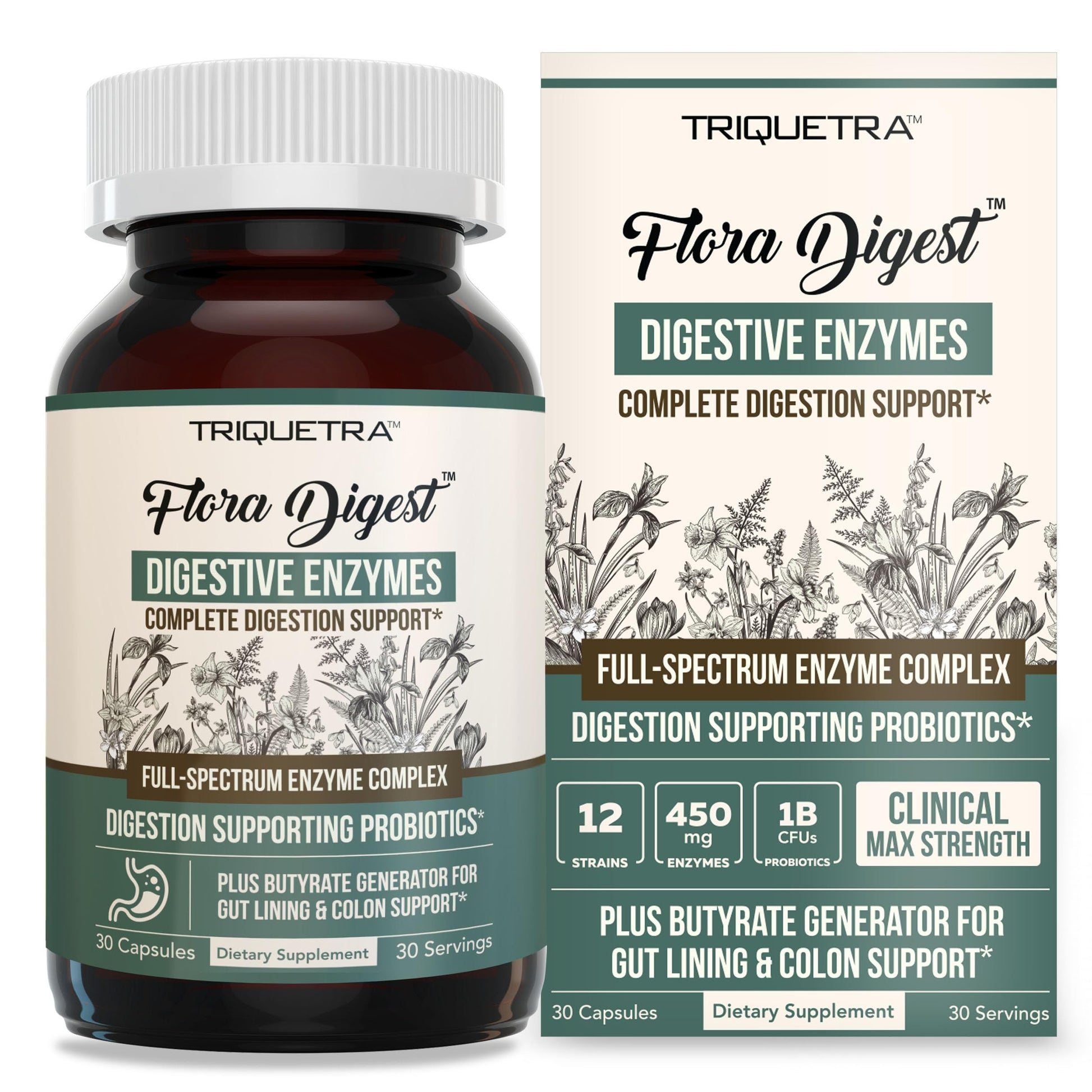 Flora Digest - 3-in-1 Max Strength Digestive Enzymes + Gut Surviving Probiotics & ButyraGen® Postbiotic for Optimal Digestion, Bloating Relief, Regularity, Gut Lining & Colon Support - (30 Capsules) Triquetra Health uk supplements
