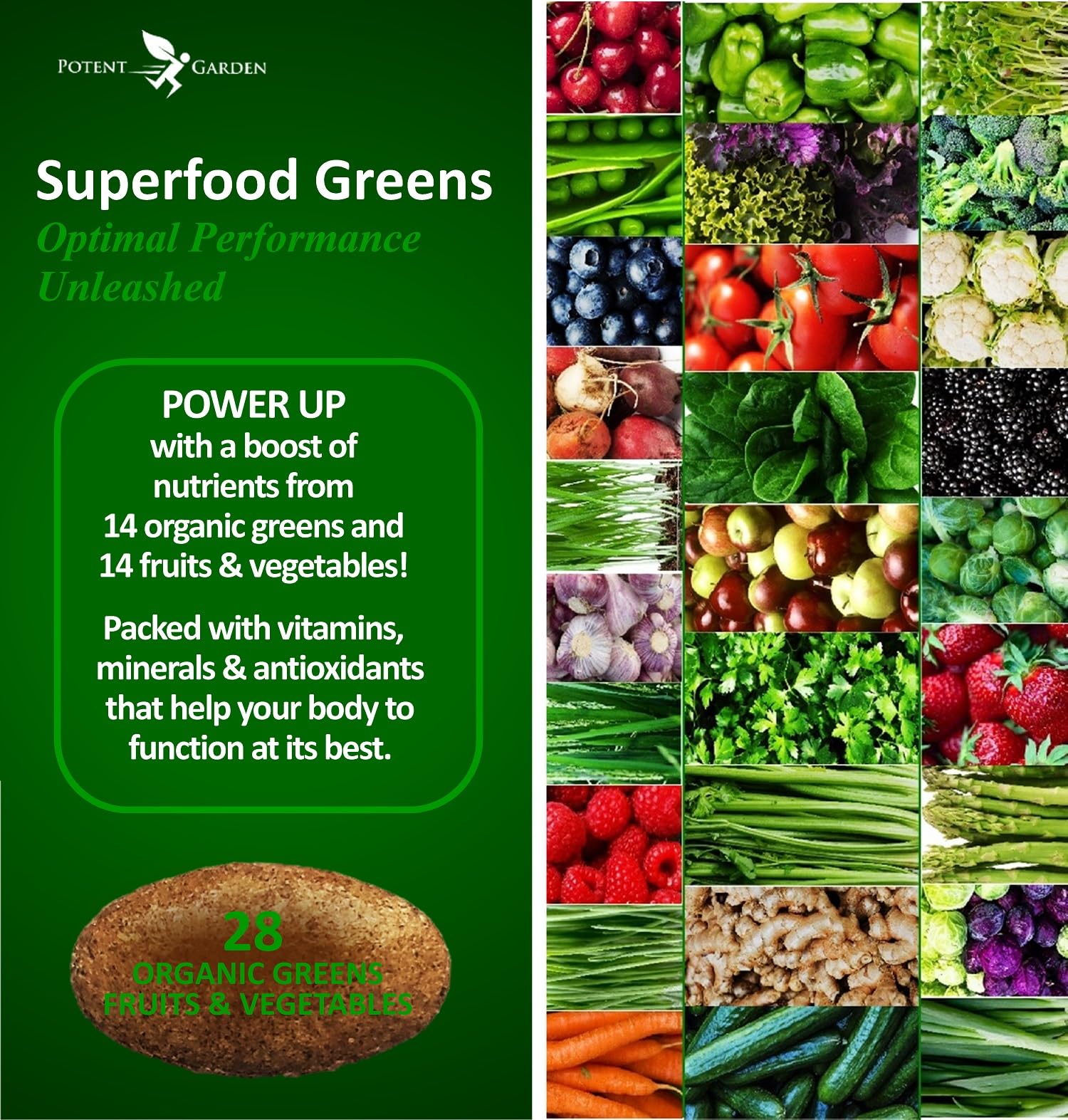 Potent Garden Organic Superfood Greens, Fruit and Veggies Supplement Rich in Vitamins & Antioxidants with Alfalfa, Beet Root & Tart Cherry to Boost Energy, Immunity & Gut Health, Greens Tablets 60 Ct Potent Garden uk supplements