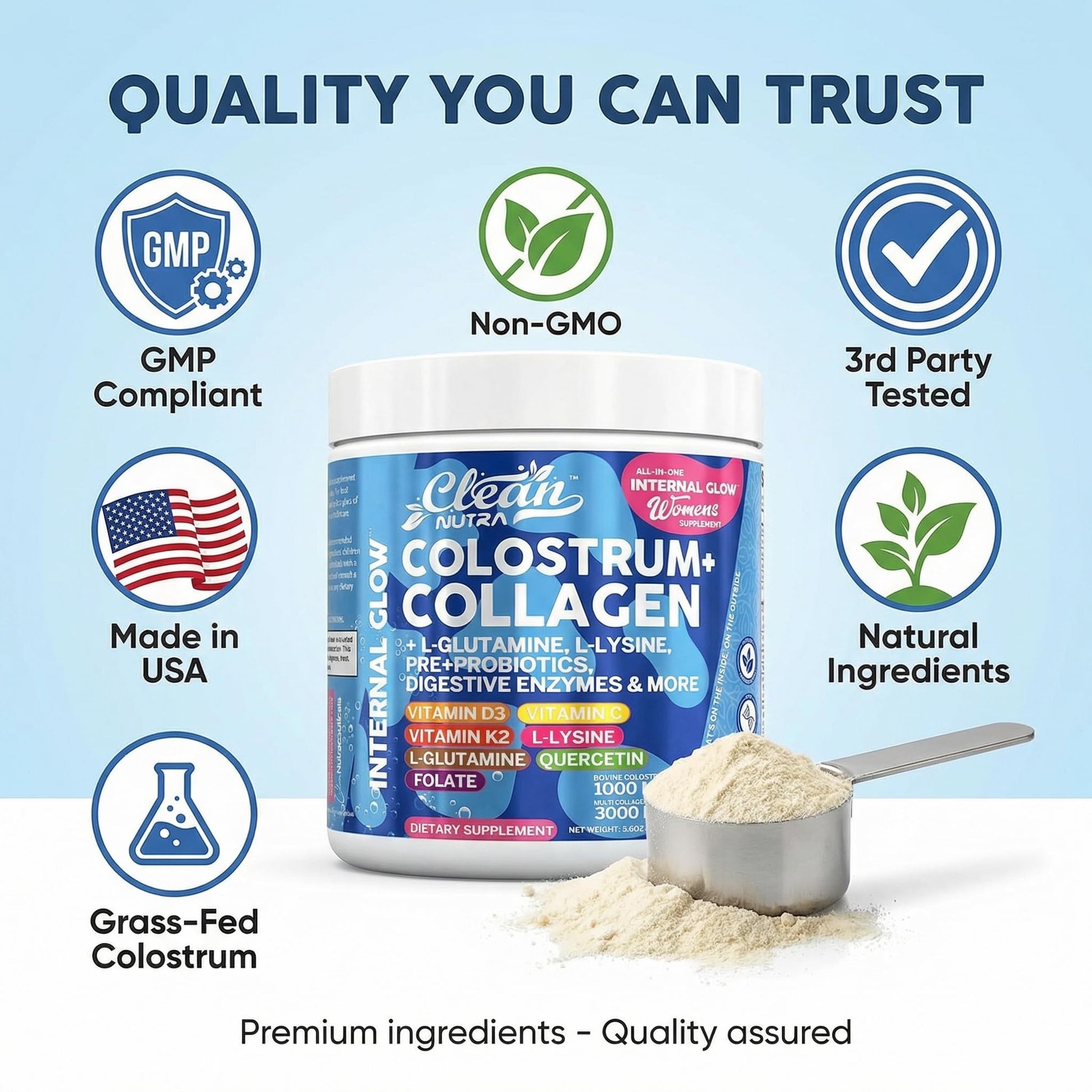 Bovine Colostrum Powder + Collagen Peptides with L-Glutamine L-Lysine Prebiotics Probiotics Digestive Enzymes Vitamin D K2 C Quercetin & Folate | Gut Health Supplement Internal Glow By Clean Nutra Clean Nutraceuticals uk supplements