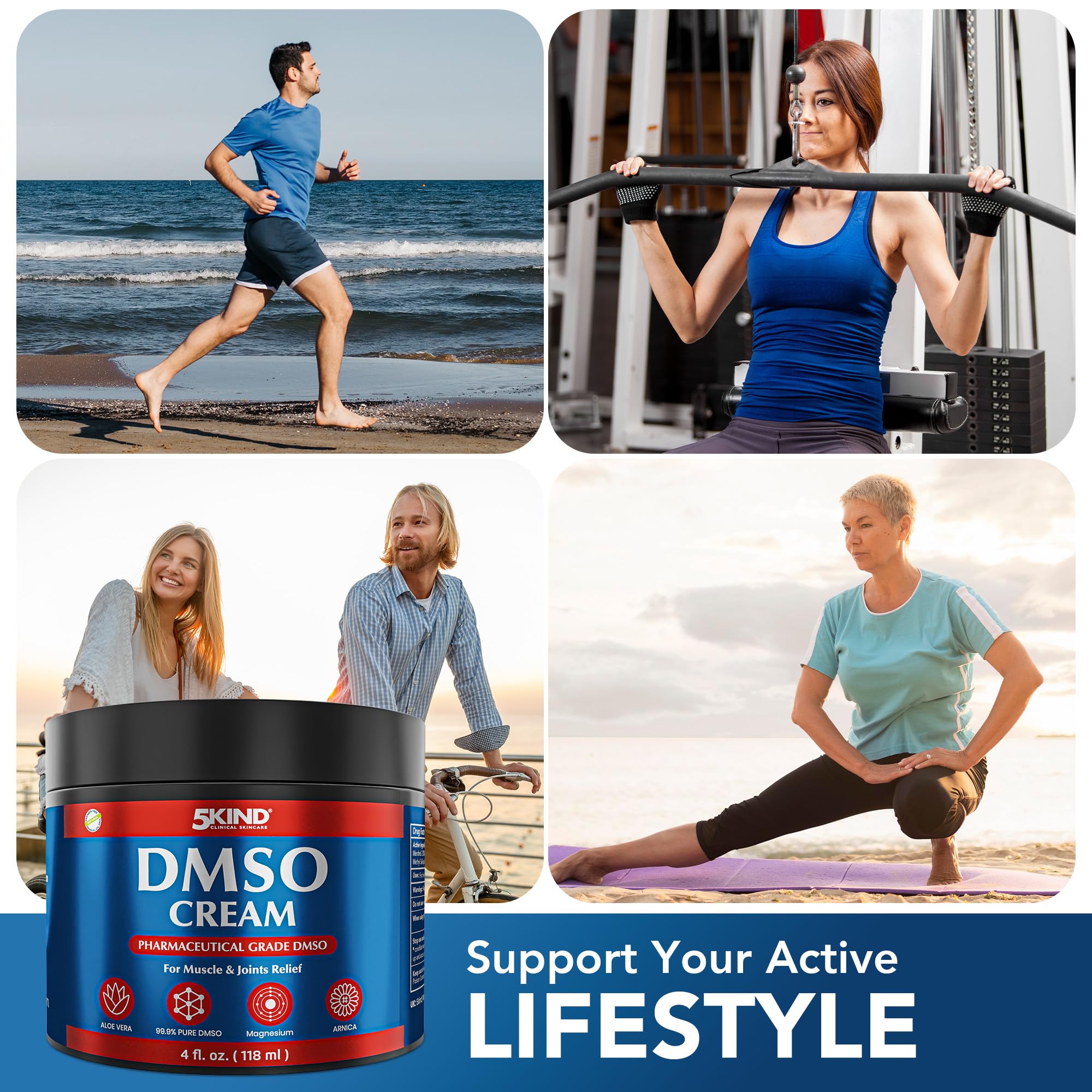 5Kind DMSO Cream for Pain Relief 4 fl oz - 99.9% Pure DMSO Pharmaceutical Grade Cream - Aloe Vera, Magnesium, Arnica & Menthol - Topical Muscle and Joint Pain Relief - Registered NDC - Made in USA 5kind clinical skincare uk supplements