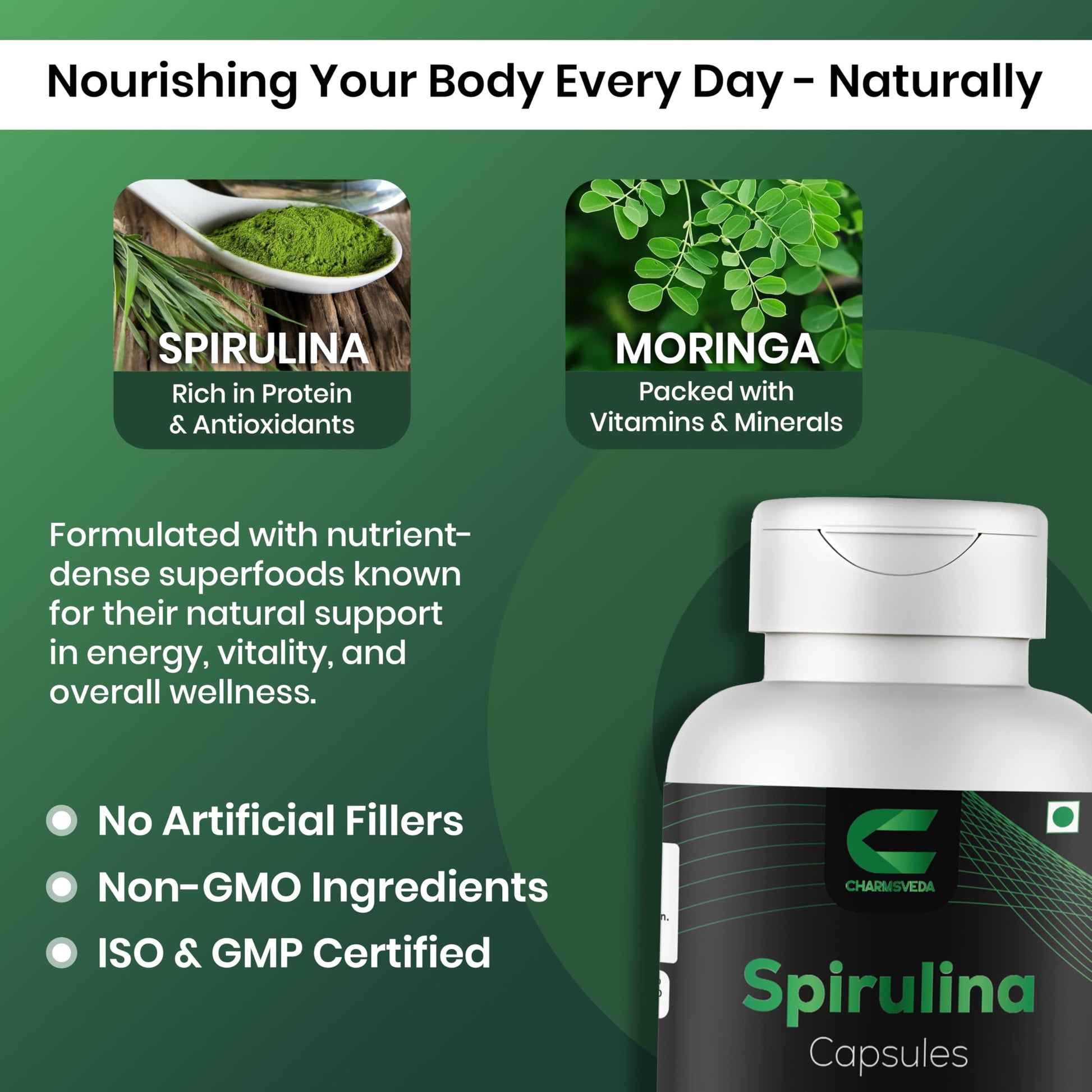 CHARMSVEDA Spirulina Capsules with Moringa – Herbal Immune Support* – 60 Vegan Capsules CHARMSVEDA uk supplements