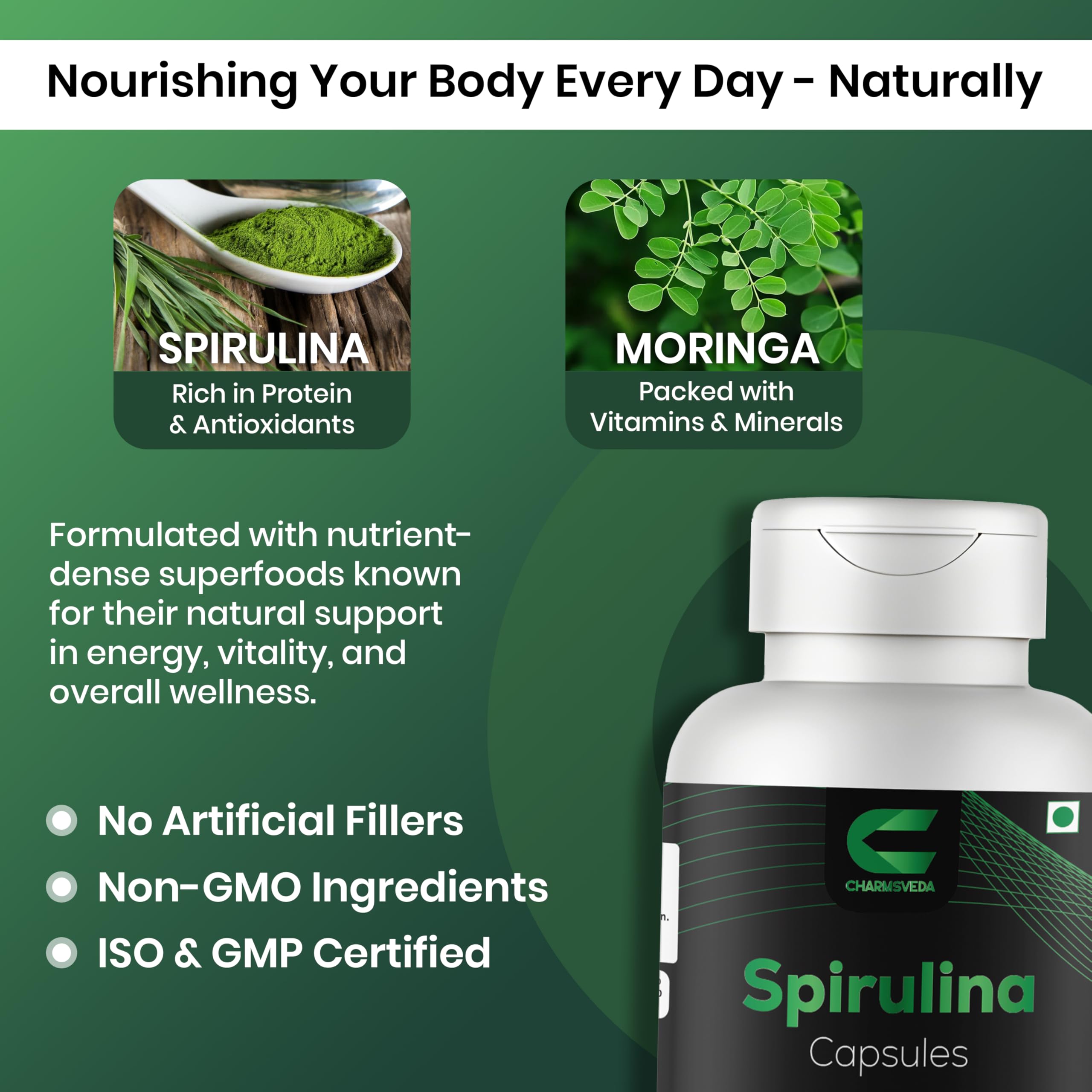CHARMSVEDA Spirulina Capsules with Moringa – Herbal Immune Support* – 60 Vegan Capsules CHARMSVEDA uk supplements