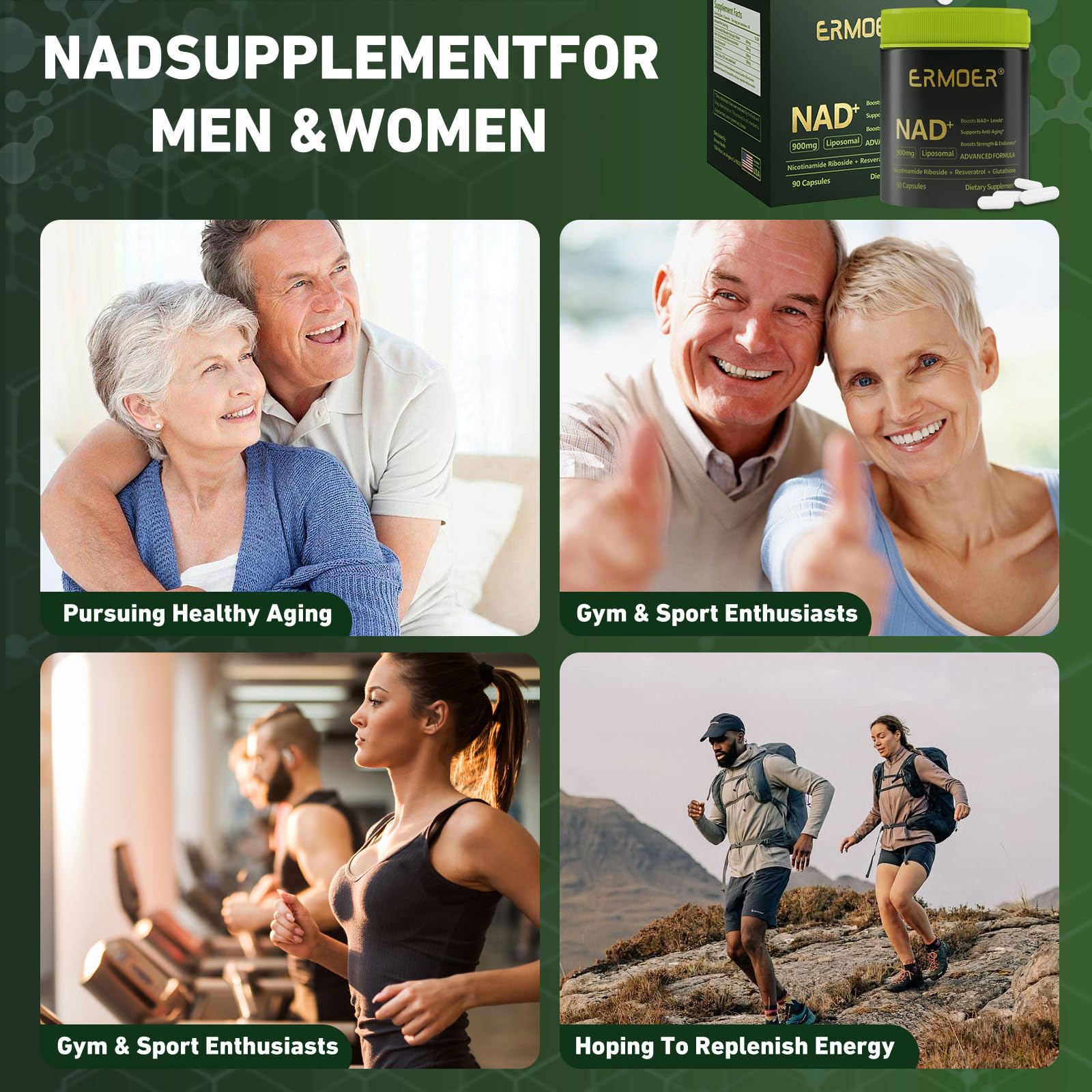 ERMOER NAD Liposomal Nicotinamide Riboside with Resveratrol & Quercetin 900mg, NAD Resveratrol Supplement for Anti Aging, Energy, Antioxidant, Focus (90 Count) ERMOER uk supplements