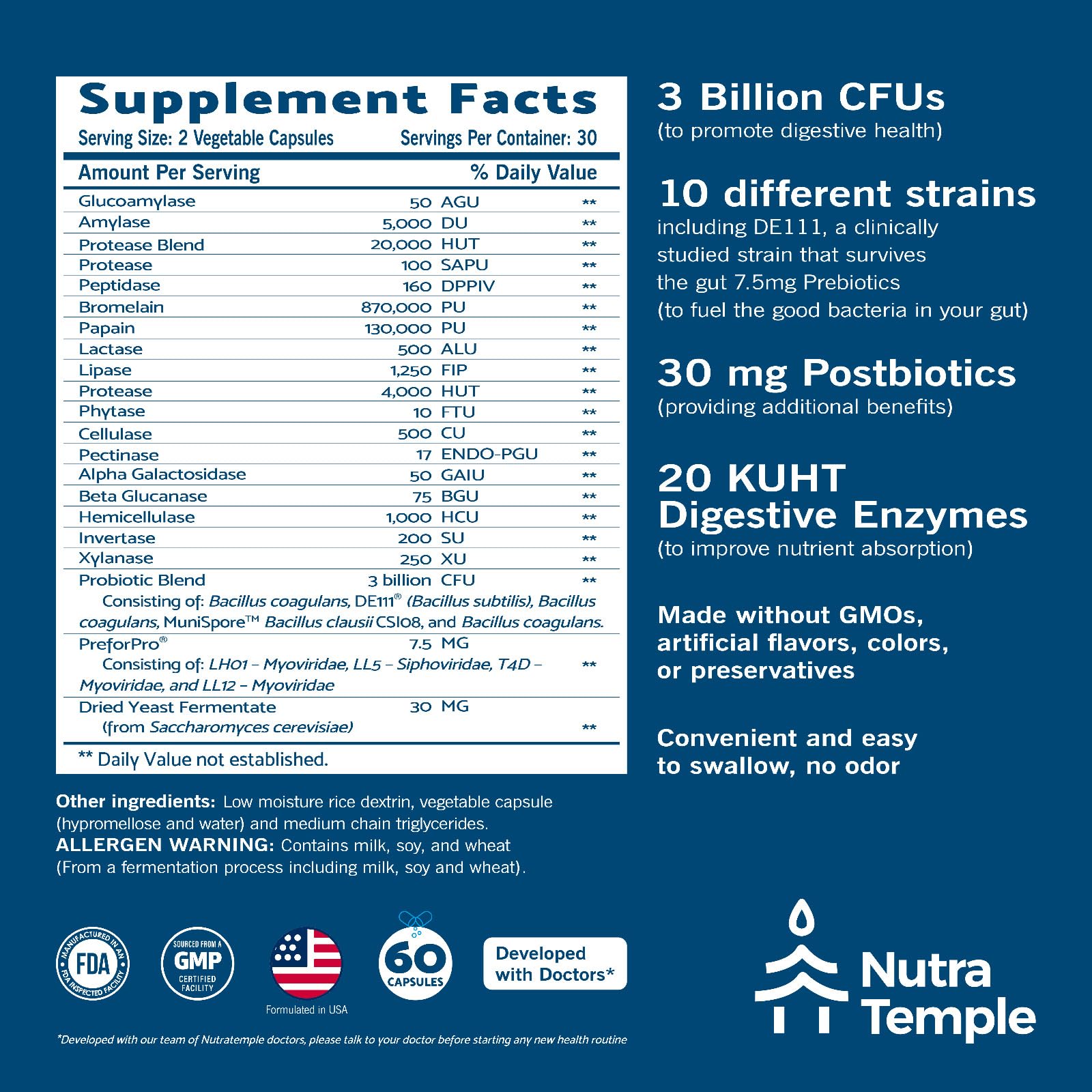 NUTRATEMPLE 4 in 1 Pre Post Probiotics & Digestive Enzymes for Women & Men - Digestive Health, Gut & Immune Support for Occasional Constipation, Diarrhea, Gas & Bloating – 60 Veggie Capsules NUTRATEMPLE uk supplements