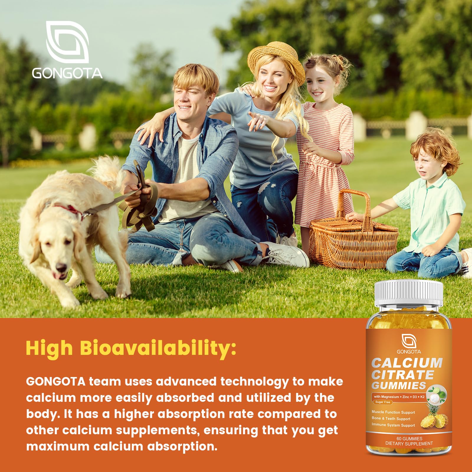 GONGOTA Calcium Citrate 1200mg with Vitamin D3 Gummies, Chewable Calcium for Bone, Muscle, Joints, Immune Support, Calcium Supplements for Women & Men,Sugar Free, Pineapple Flavor - 120 Gummies GONGOTA uk supplements