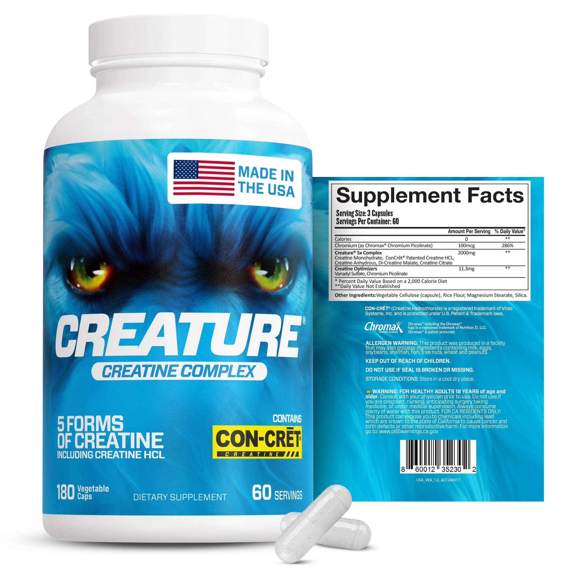 CREATURE® Creatine Complex - Creatine Monohydrate Capsules with 5 Types of Creatine Including Con-Crēt® Creatine HCL, Promotes Muscle, Strength, Endurance, Brain Health, 180 Veggie Caps, 60 Servings CREATURE uk supplements