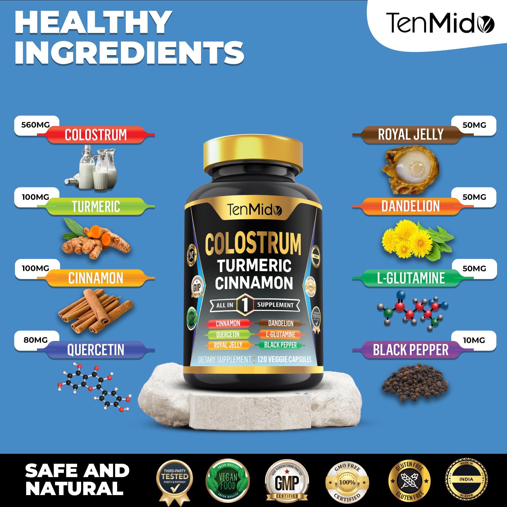 Tenmido Colostrum Supplement - 8in1 Formula - Combine with Turmeric, Ceylon Cinnamon, Quercetin, Royal Jelly, Dandelion, L- Glutamine, and Black Pepper - Digestive Health Support - 120 Capsules Tenmido uk supplements