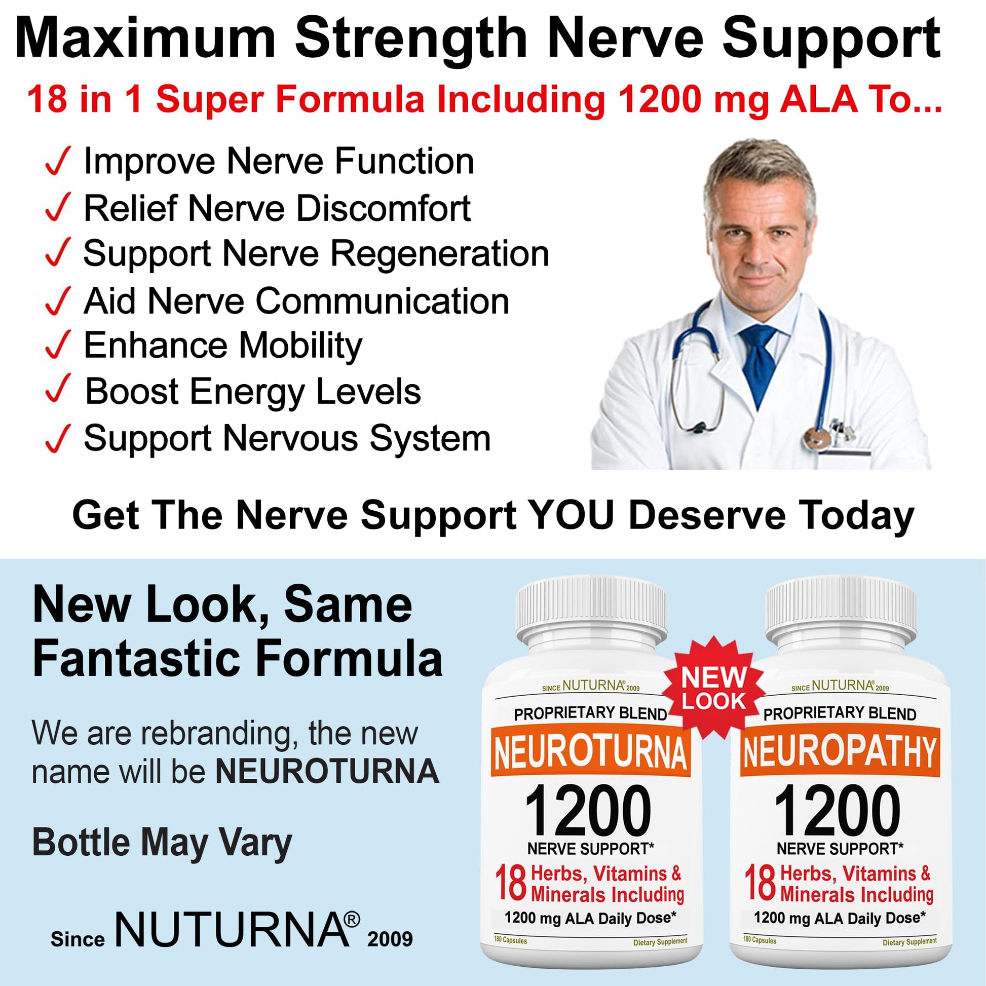 Neuroturna Support Supplement with 1200 mg Pure Alpha Lipoic Acid - Maximum Strength Formula with ALA + Vitamins + Minerals + Herbs - Best Natural Support - 180 Capsules Nuturna uk supplements