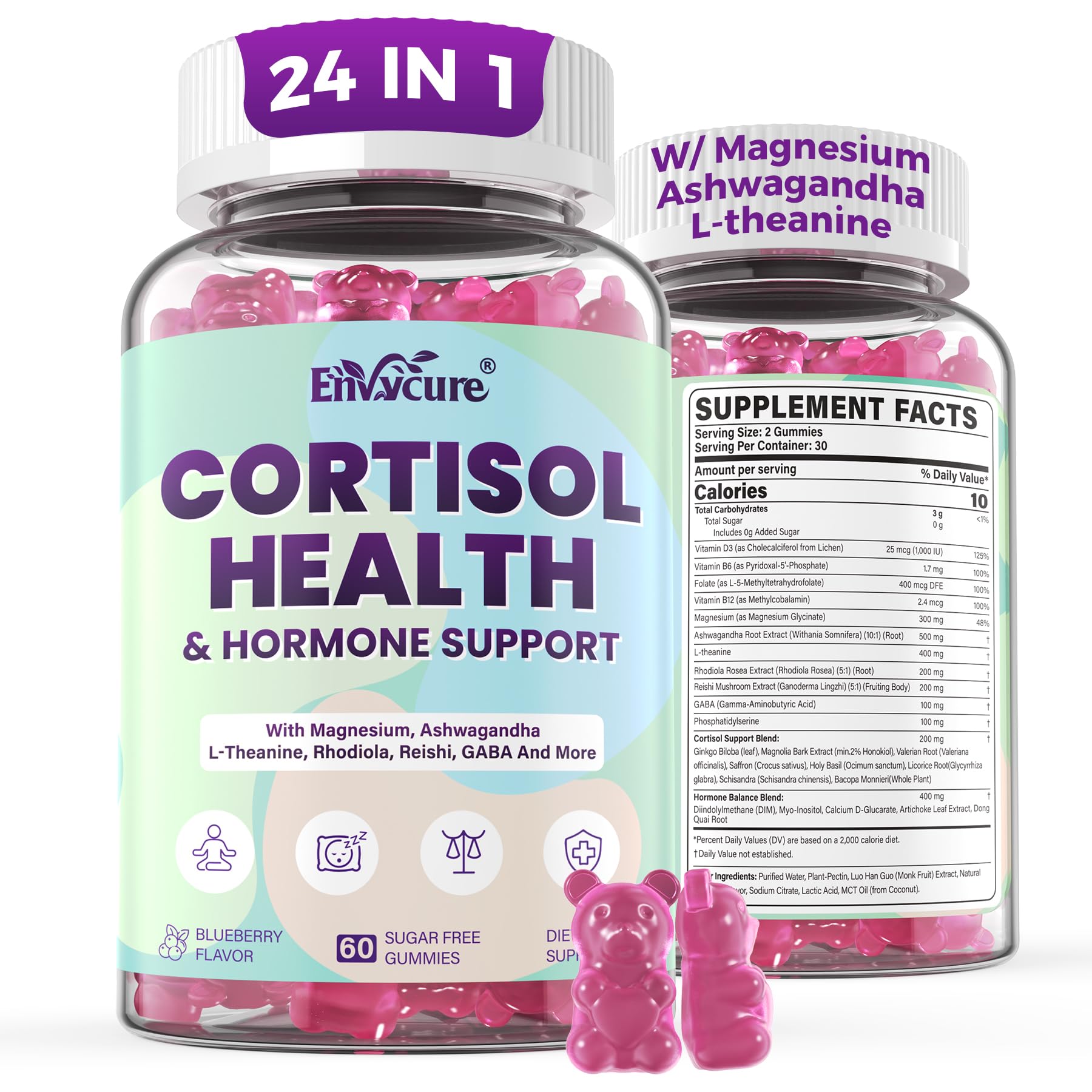 Cortisol Supplements for Women & Men, Cortisol Reducer Gummies w/ Magnesium, Ashwagandha, L-Theanine, Rhodiola, Reishi, 24 IN 1 Cortisol Detox Manager for Calm Mood, Focus & Relaxation,Vegan, 120 Cts EnvyCure uk supplements