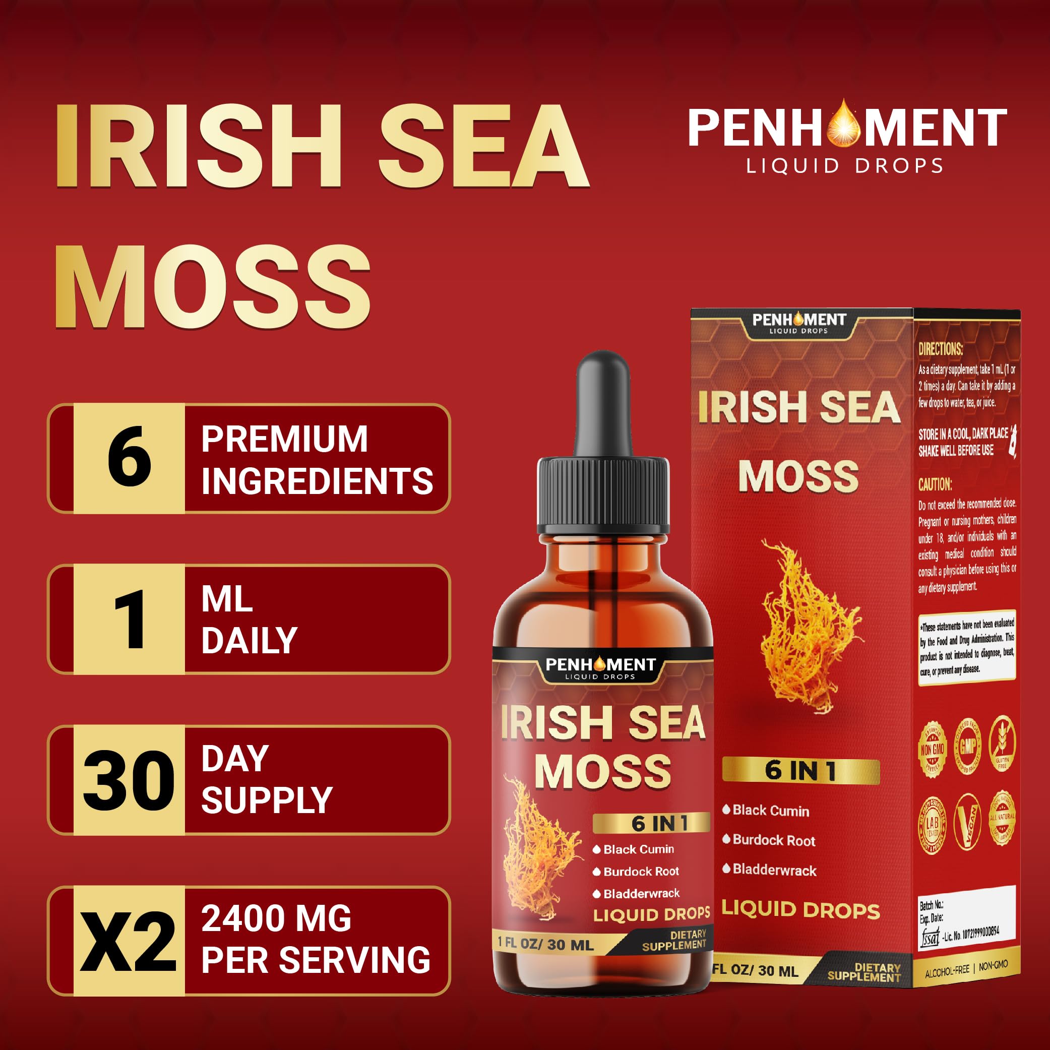 Penhoment 6in1 Sea Moss Drops with Black Seed Oil Irish Seamoss, Ashwagandha, Burdock Root & Bladderwrack - 1FL Oz - 30 Day Supply Penhoment uk supplements