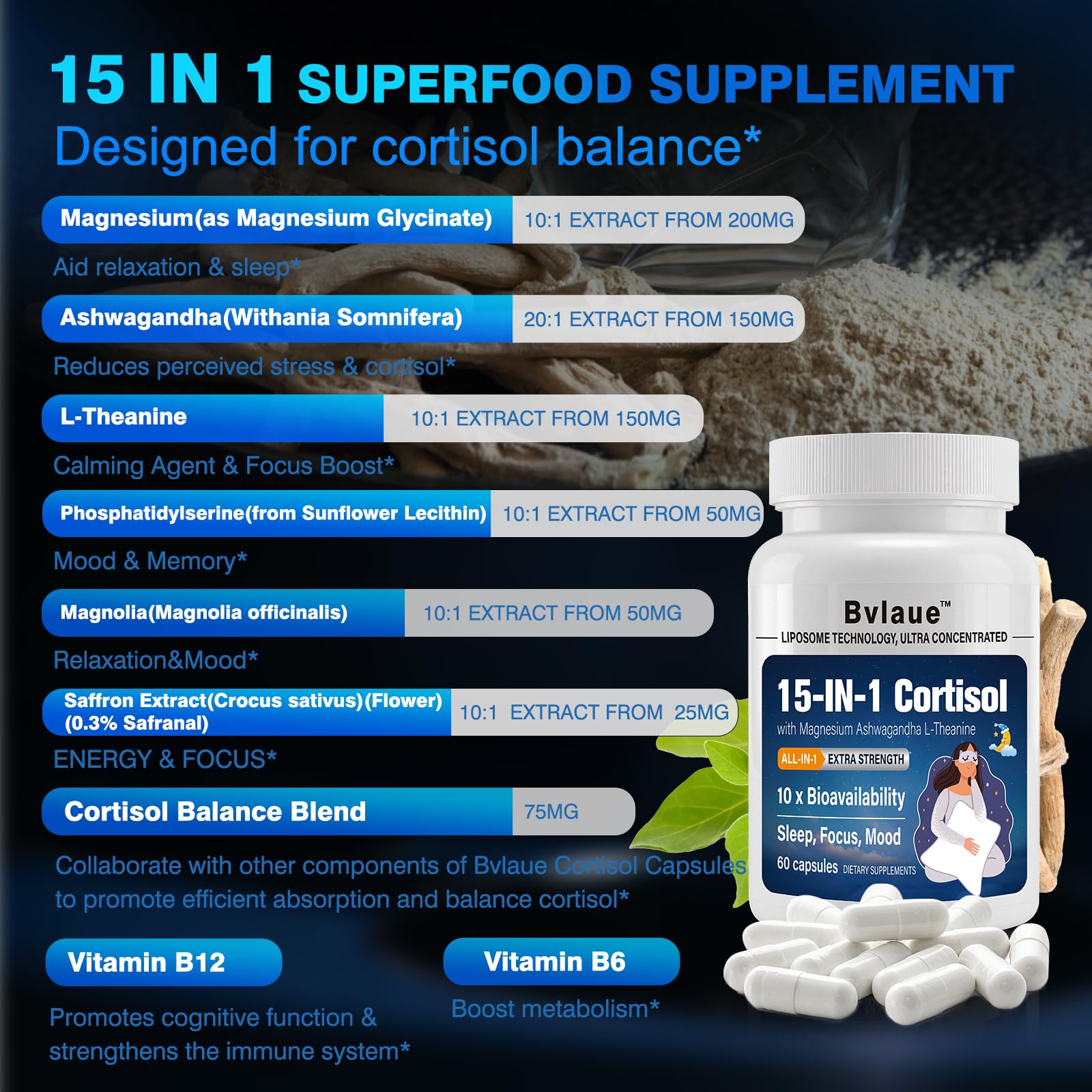 Bvlaue Cortisol Supplements for Women & Men - 15-in-1 Cortisol Reducer Manager Lower w/Ashwagandha,Magnesium,L-Theanine/Saffron Vitamin B6 & B12,60 Vegan CT for Stress Relief Sleep,Mood,Non-GMO Bvlaue uk supplements