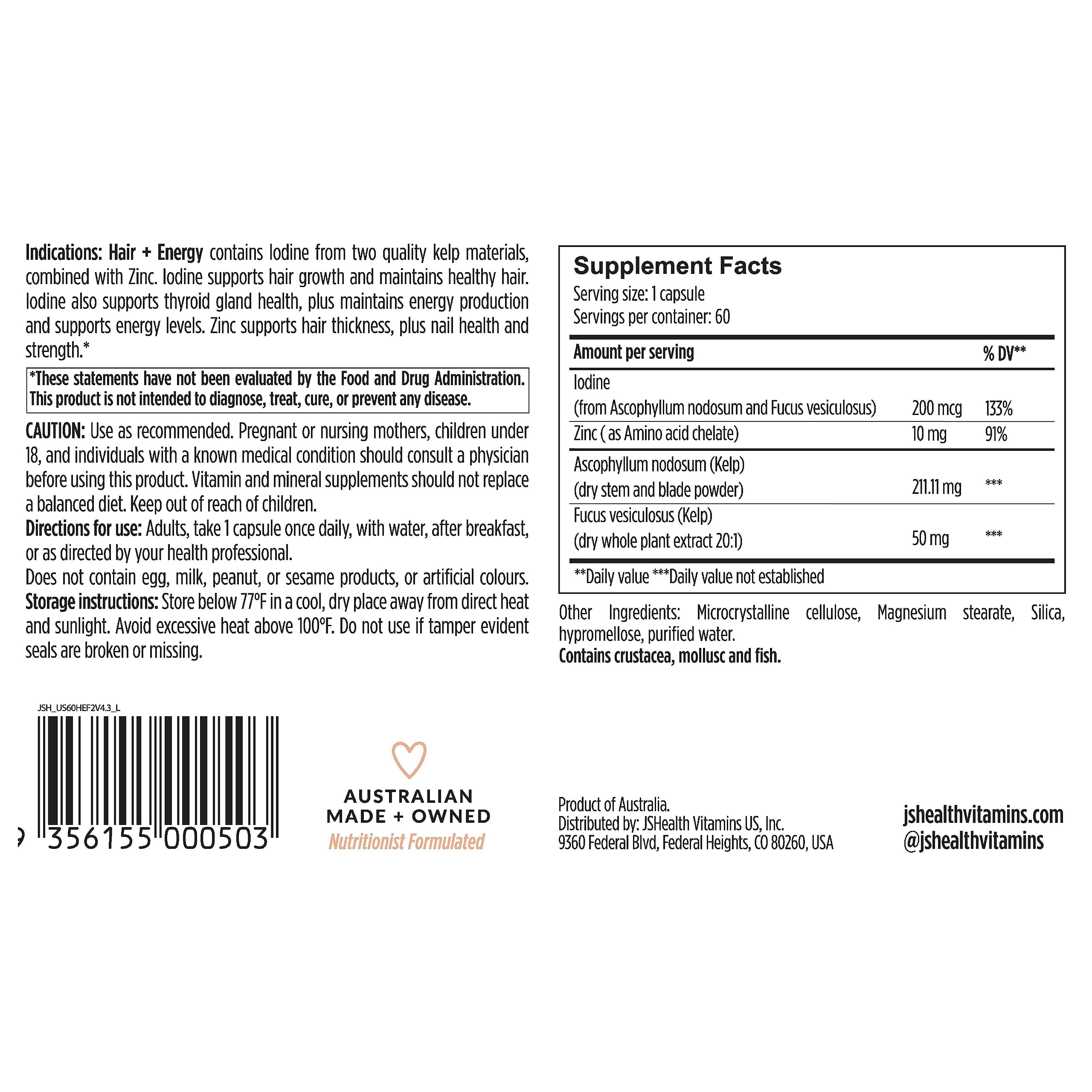 JSHealth Hair Growth Vitamins for Women. Hair + Energy with Kelp Iodine and Zinc. Supports Thickness, Strength, Energy. Nutritionist-Formulated (60 Capsules) JSHealth uk supplements