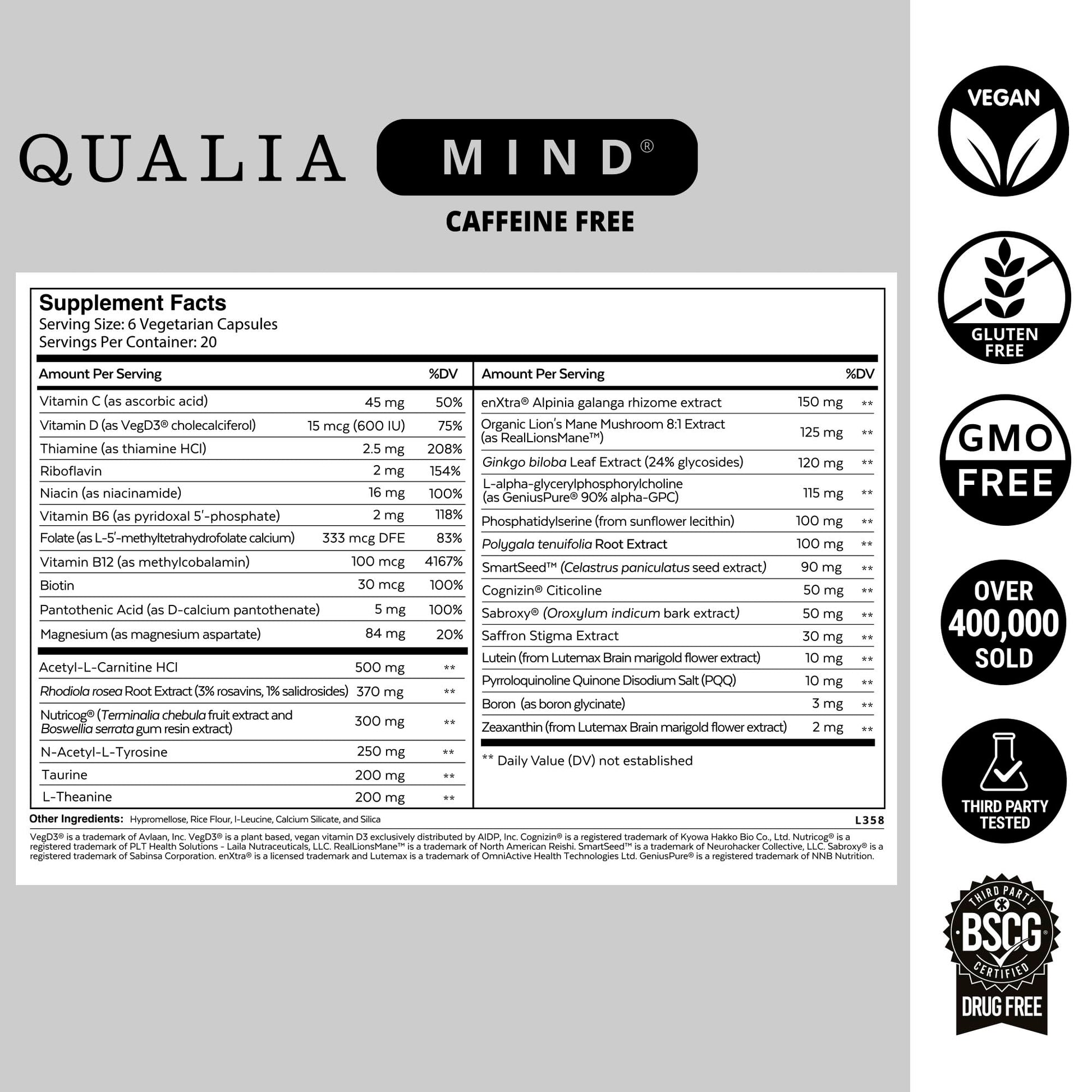 Qualia Mind (Caffeine Free) | The Ultimate Blend for Brain Health* | Doctor-Formulated Nootropic to Fuel Focus & Concentration* | Supports Long Term Brain Health| Maintain Drive & Productivity QUALIA LIFE SCIENCES uk supplements