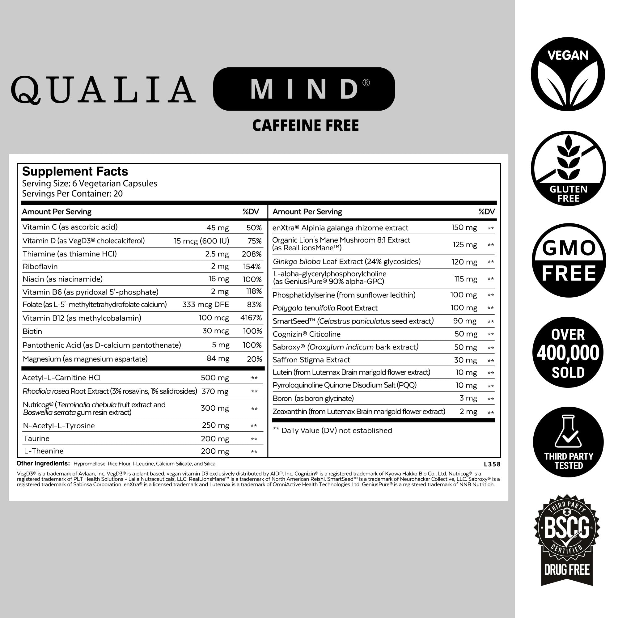 Qualia Mind (Caffeine Free) | The Ultimate Blend for Brain Health* | Doctor-Formulated Nootropic to Fuel Focus & Concentration* | Supports Long Term Brain Health| Maintain Drive & Productivity QUALIA LIFE SCIENCES uk supplements