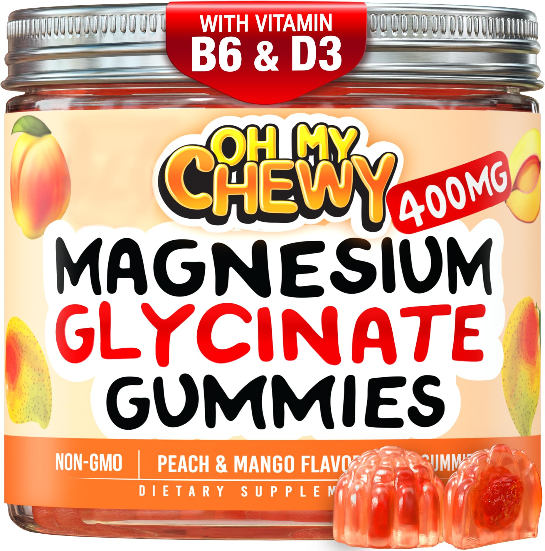 Center-Filled Magnesium Glycinate Gummies 400MG - High Absorption for Kids, Teens & Adults - Supplement for Sleep, Calm & Muscle Relaxation with B6 & D3 - Gluten Free & Vegan Friendly - 60 Count OH MY CHEWY uk supplements