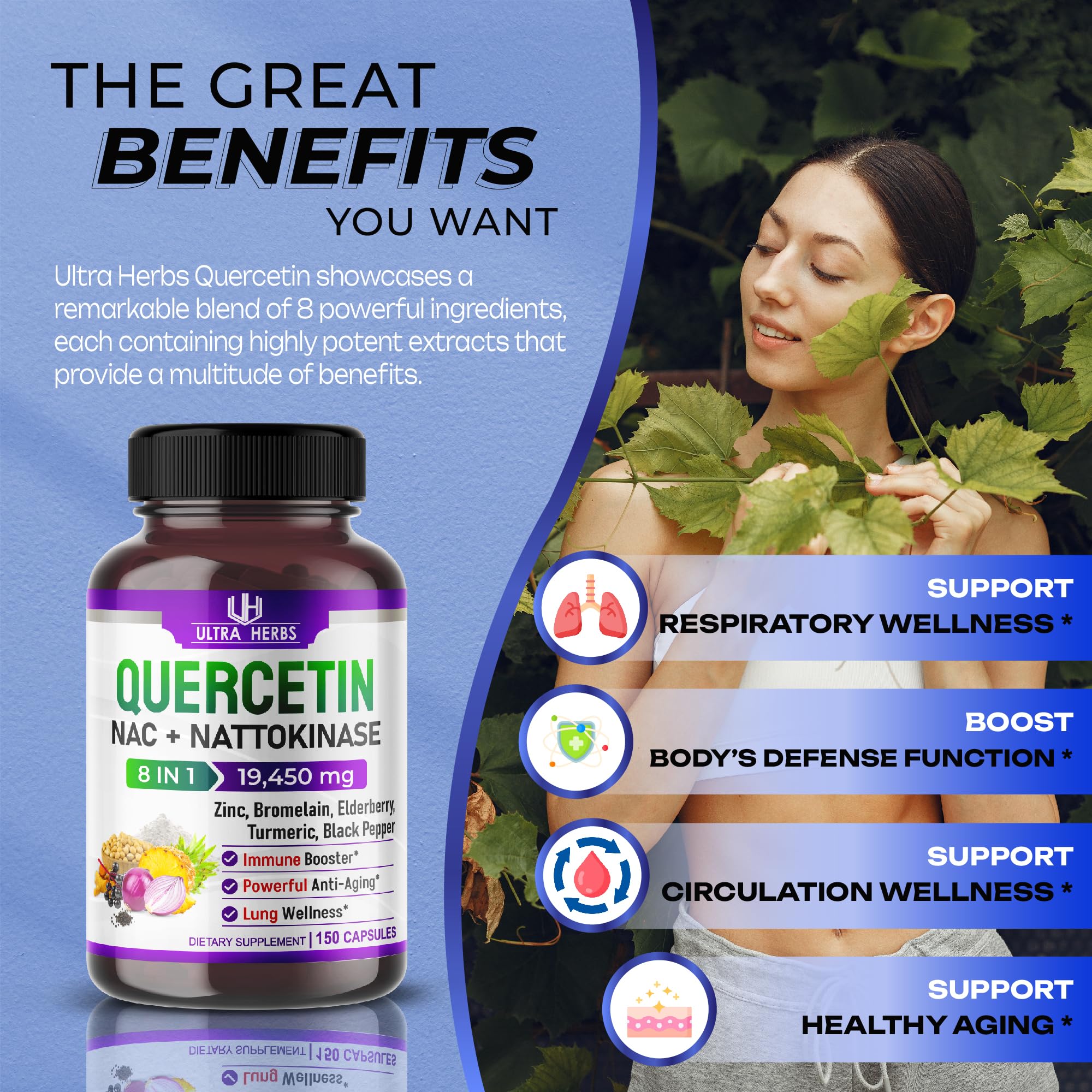 Quercetin 19,450mg 8 IN 1 with NAC, Nattokinase, Zinc, Bromelain, Elderberry, Turmeric ULTRA HERBS uk supplements
