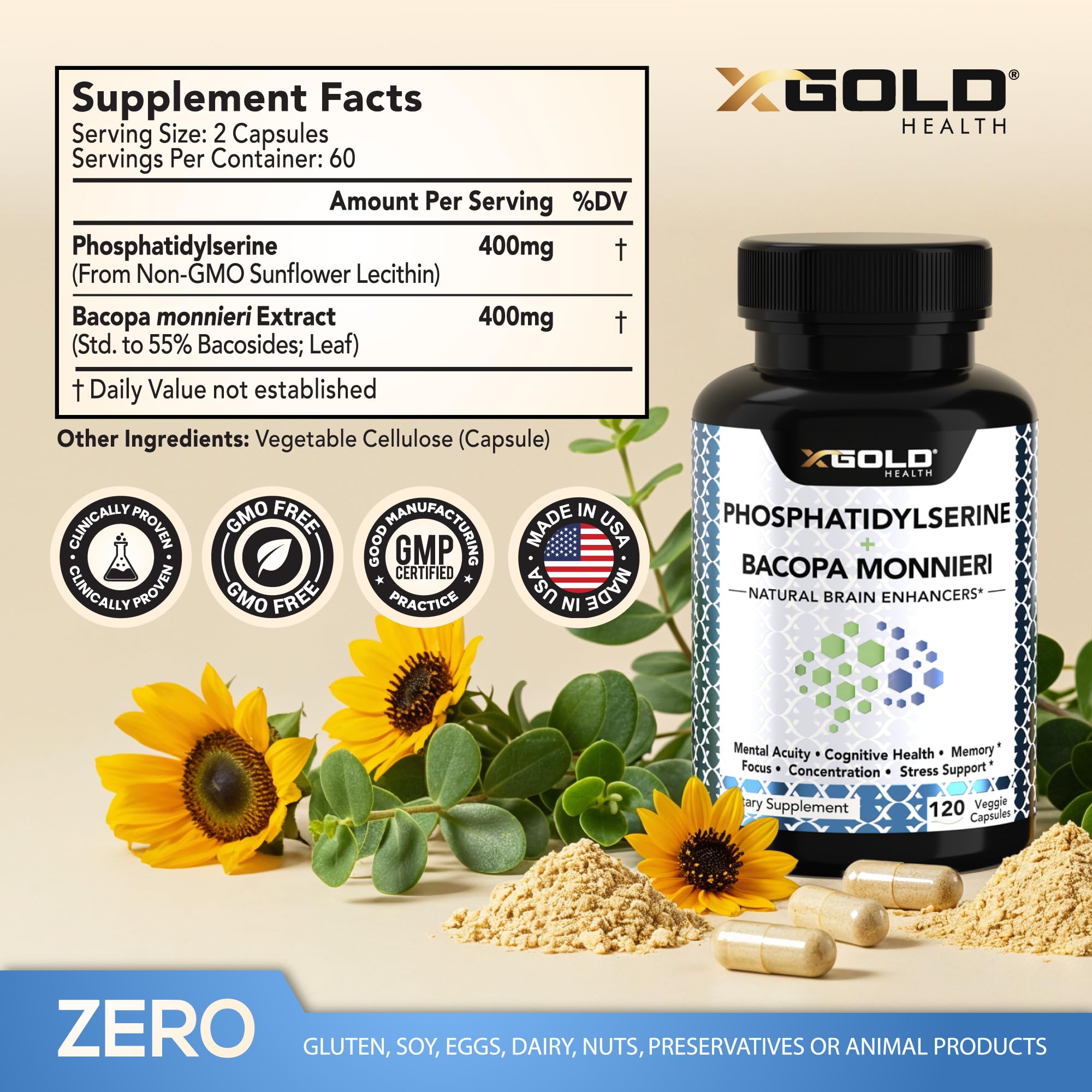 PhosphatidylSerine & Bacopa Monnieri 800 mg 2 in 1 Supplement - Natural Brain Enhancer/Nootropic for Enhanced Focus and Concentration, Memory Support, & Cognitive Function - 120 Vegetarian Capsules X Gold Health uk supplements