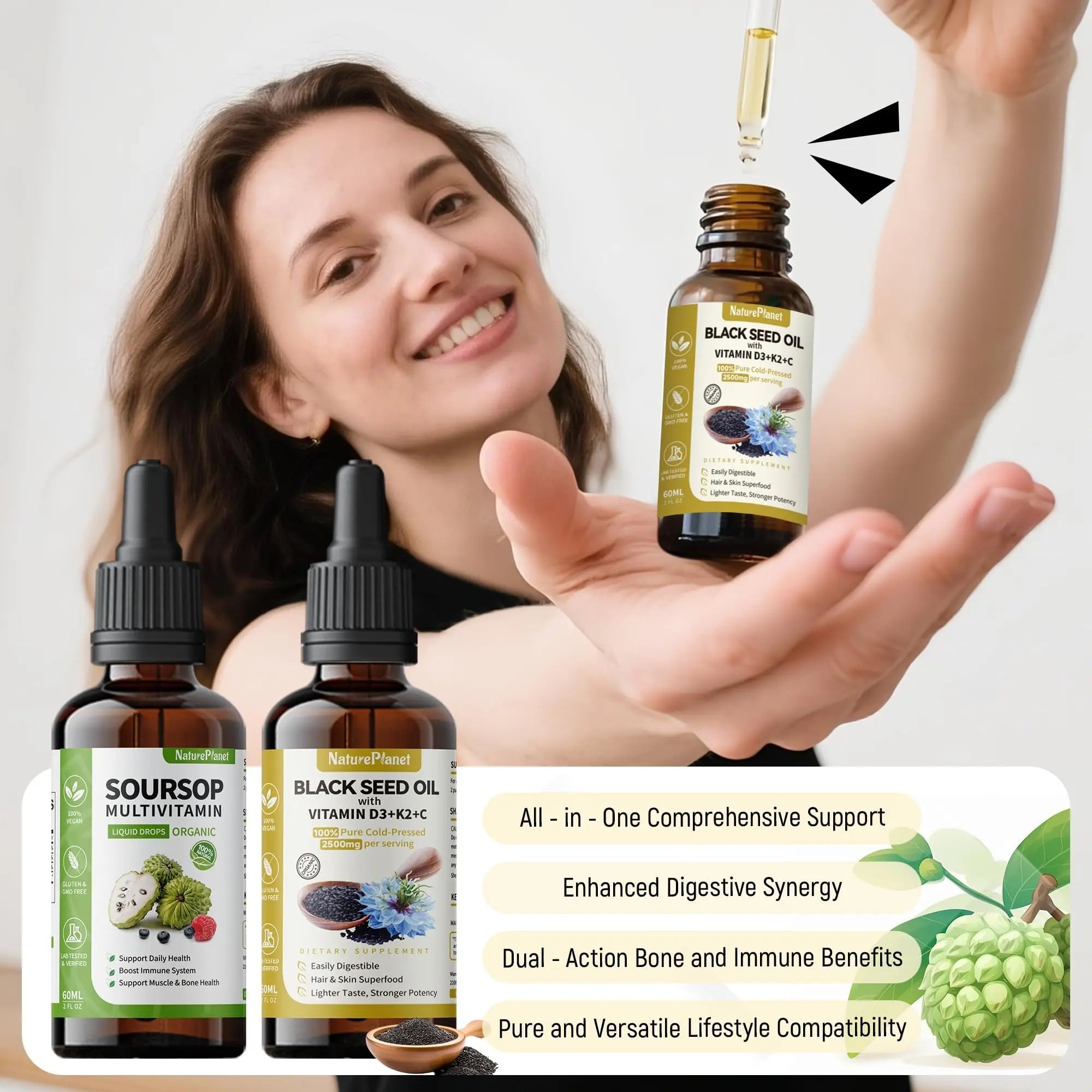 NaturePlanet Organic Soursop Bitters and Black Seed Oil Drops Bundles with Vitamins D3, K2, B6, C | NaturePlanet uk supplements