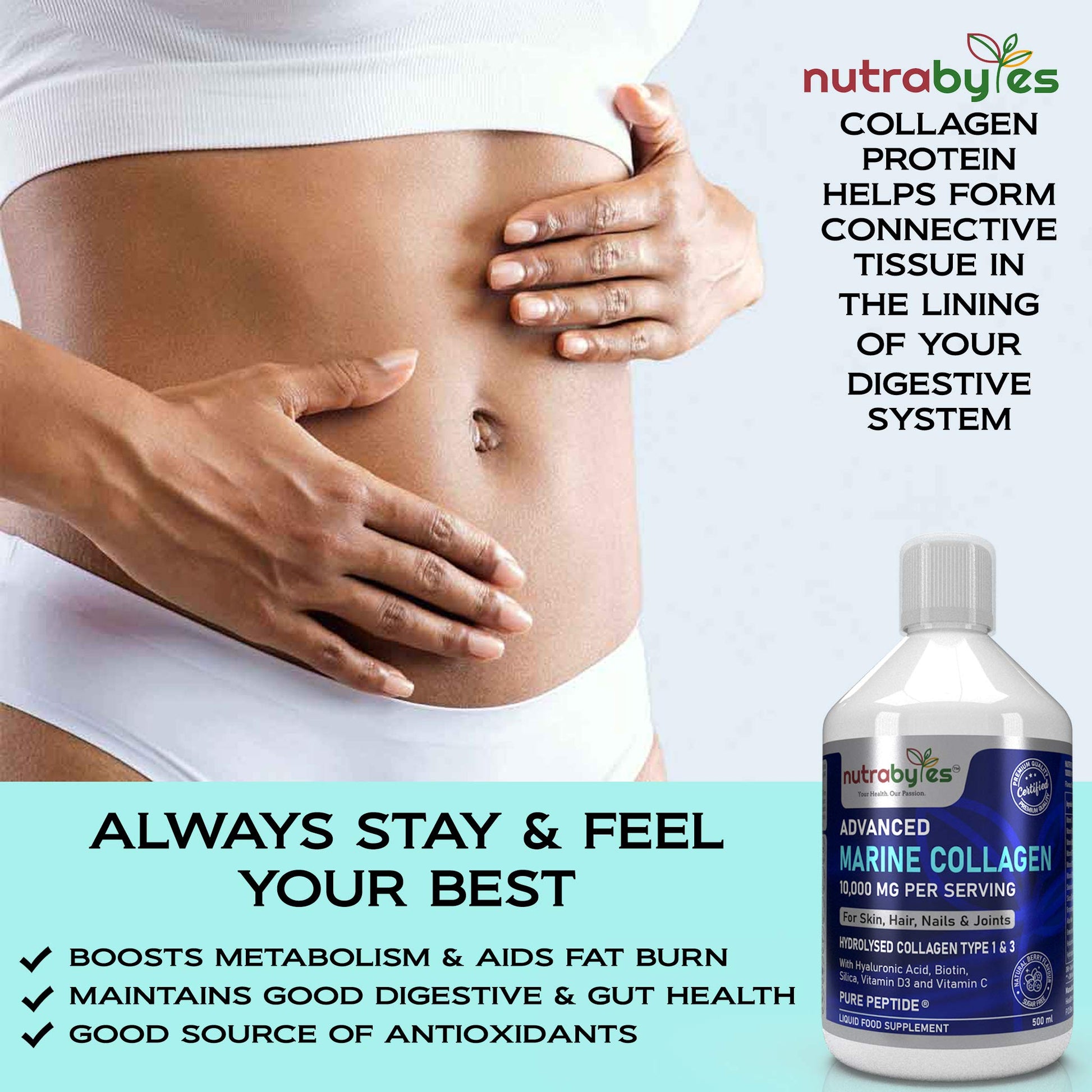 Marine Collagen Liquid 10000mg Sugar Free, Hydrolysed Peptides | Hyaluronic Acid, Biotin, Silica, Vitamin C, Vitamin D3 NUTRABYTES uk supplements