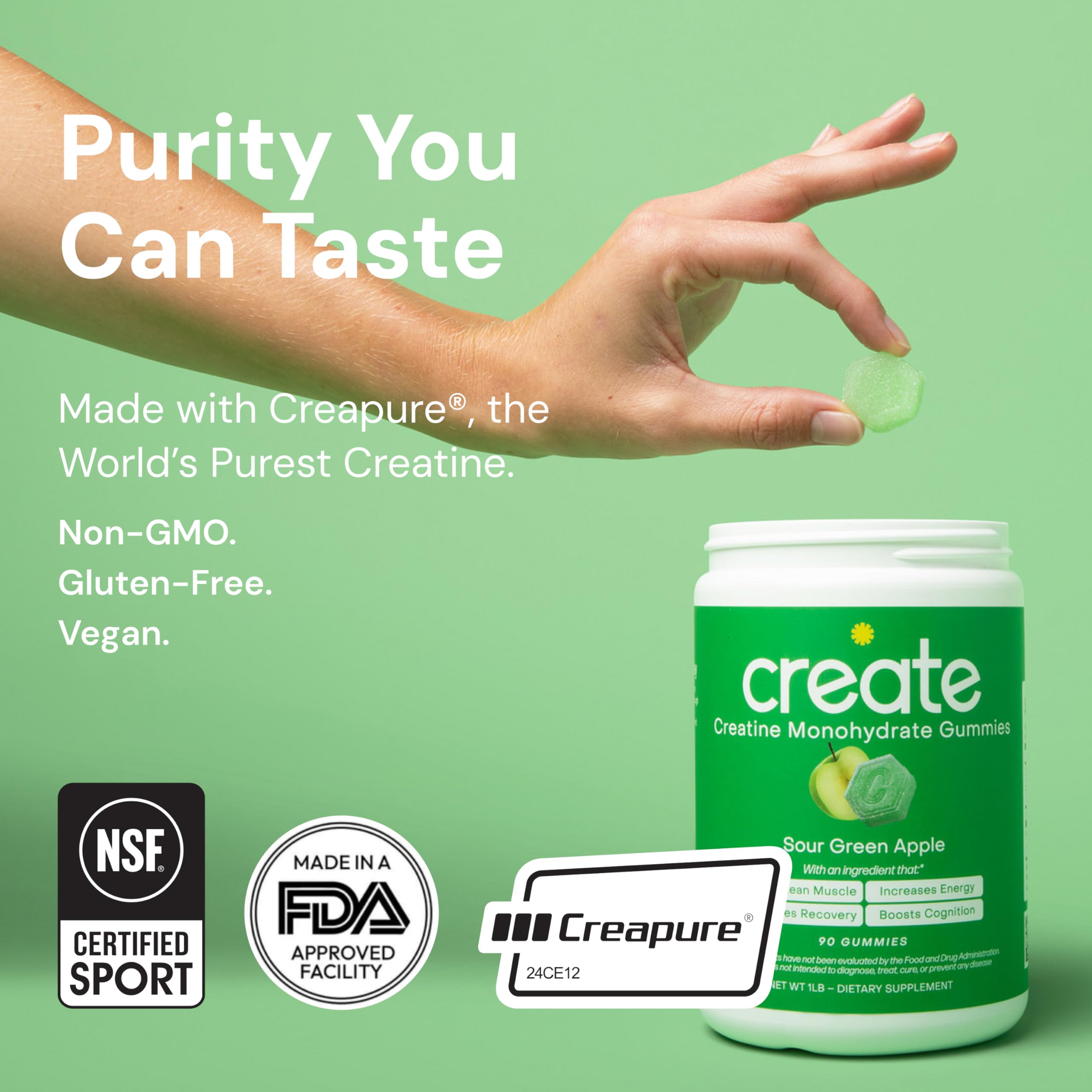 Create Creatine Monohydrate Gummies for Men & Women, Boost Focus, Strength, and Endurance, Anti-Melting Formula, Vegan, Gluten-Free, Non-GMO, 1.5g of Creatine per Gummy (Sour Green Apple) Create uk supplements