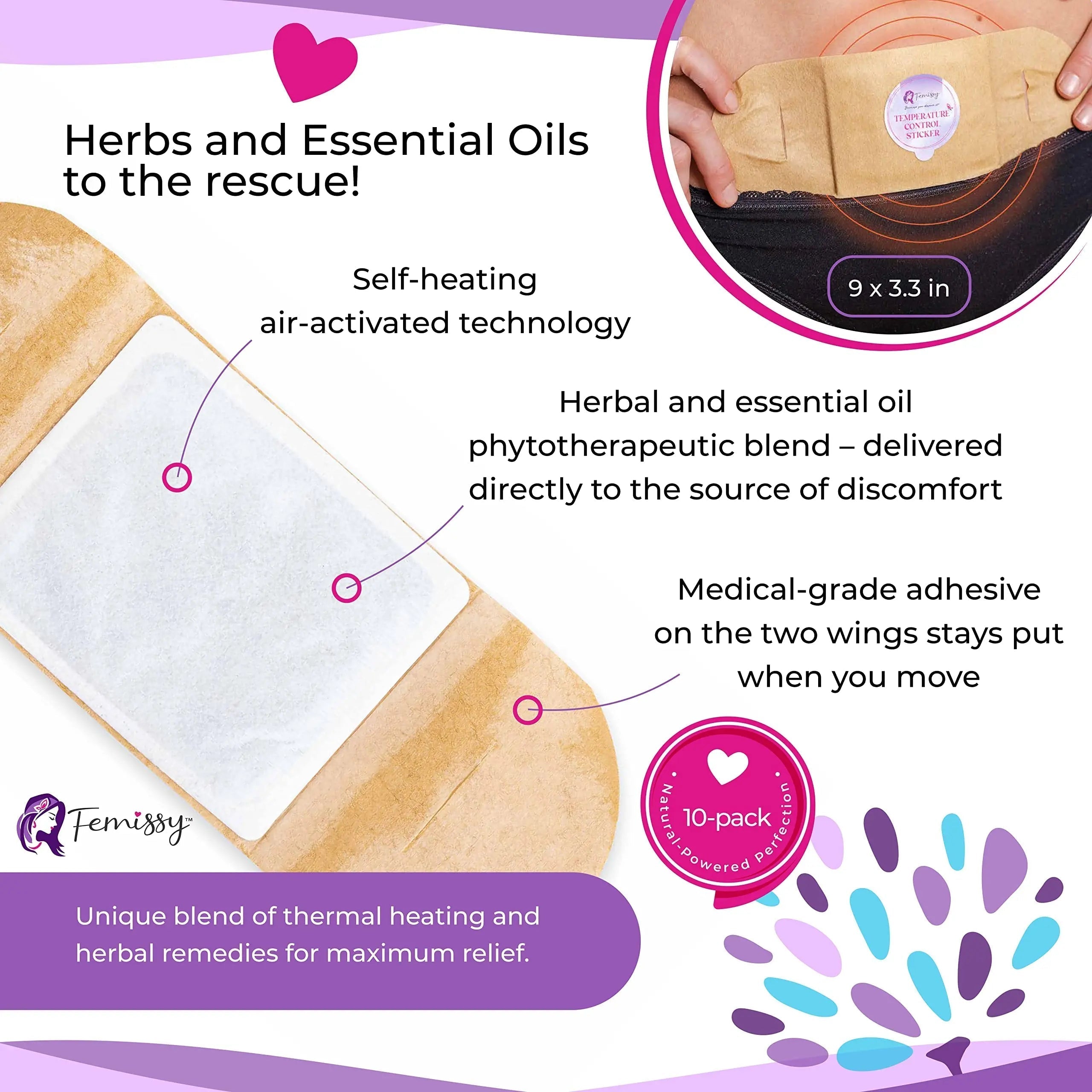Heat Patches for Menstrual Cramps Based on Flow Strength, 10 Period Patches for Weak & Normal Flow & 1 Single Patch with Natural Herbs & Oils; Disposable Stick On Heating Pads Cramp-Free Period Femissy uk supplements
