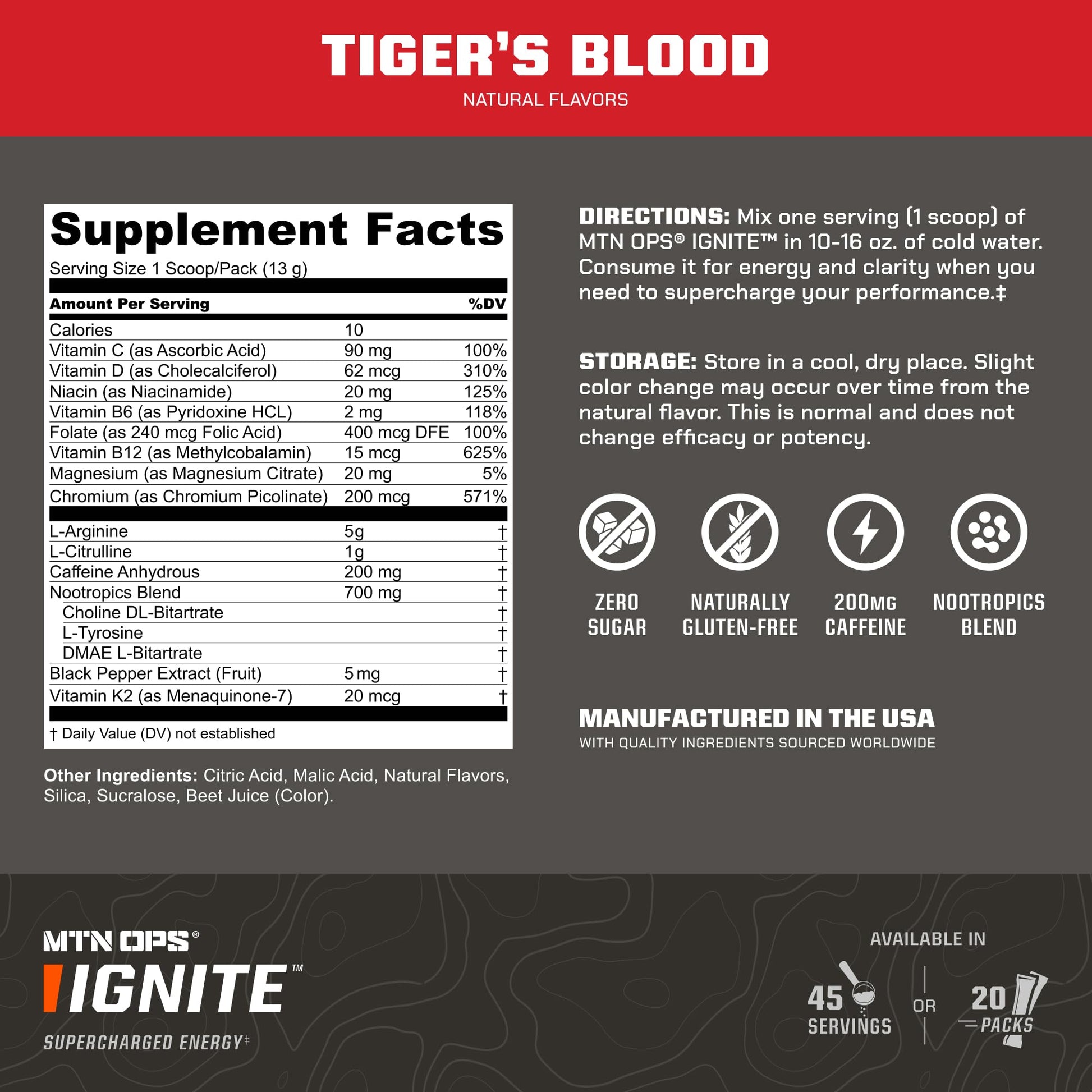 MTN OPS Ignite Trail Packs Energy Drink Powder, Gluten Free Nootropic Supplement Drink Mix, L Arginine, L Citrulline, Caffeine & Nootropic Sugar Free Drink Mix, 20 Servings, Tiger's Blood MTN OPS uk supplements