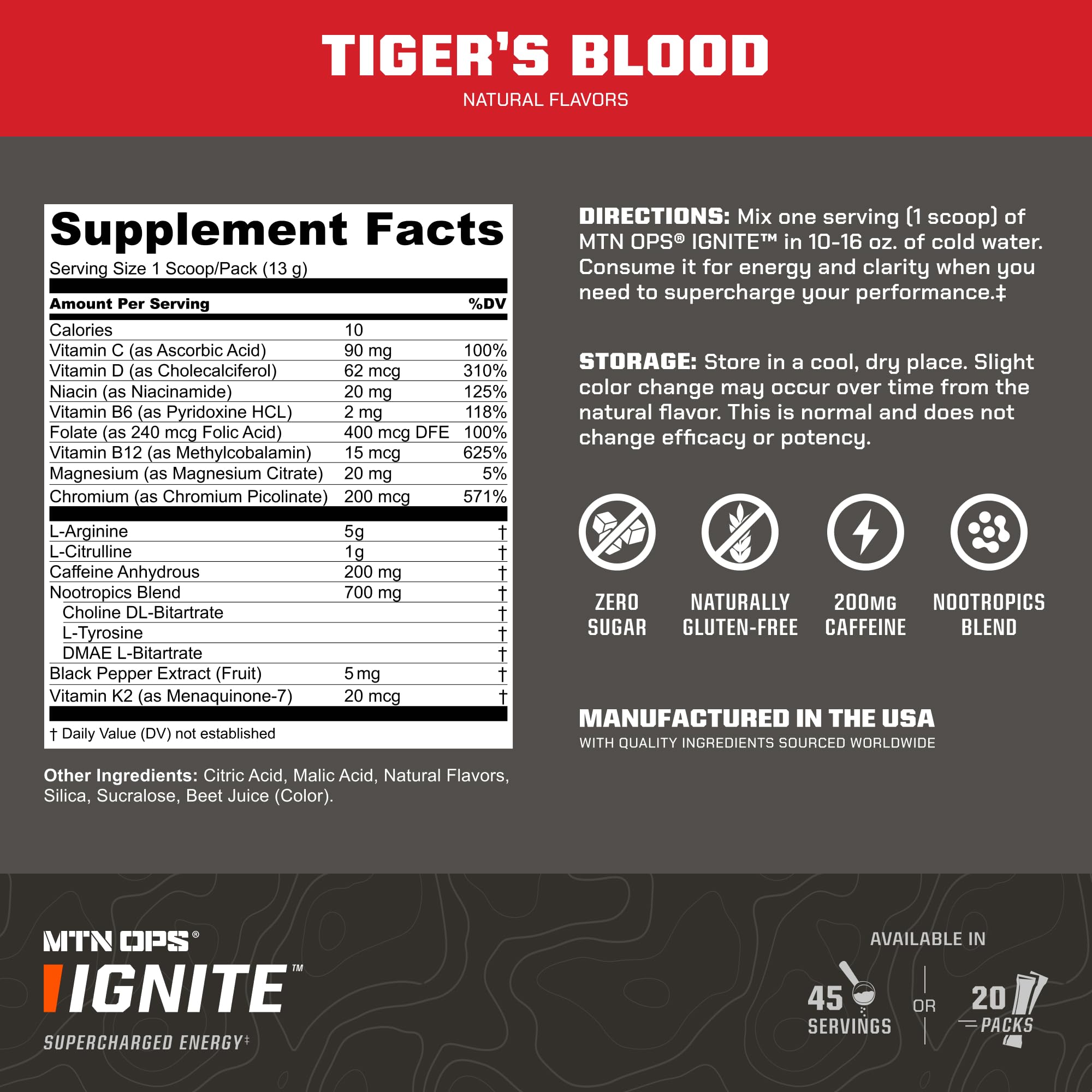 MTN OPS Ignite Trail Packs Energy Drink Powder, Gluten Free Nootropic Supplement Drink Mix, L Arginine, L Citrulline, Caffeine & Nootropic Sugar Free Drink Mix, 20 Servings, Tiger's Blood MTN OPS uk supplements