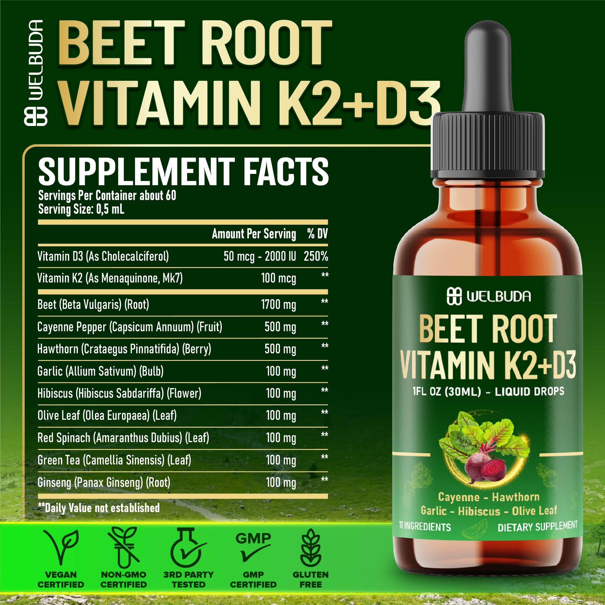 11in1 Beet Root Liquid Supplement - for Support Immune, Energy - with Vitamin D3, Vitamin K2, Hawthorn Berry, Cayenne Pepper, Garlic, Hibiscus, Olive, Red Spinach, Green Tea - 1 FL Oz - 30 Servings WELBUDA uk supplements