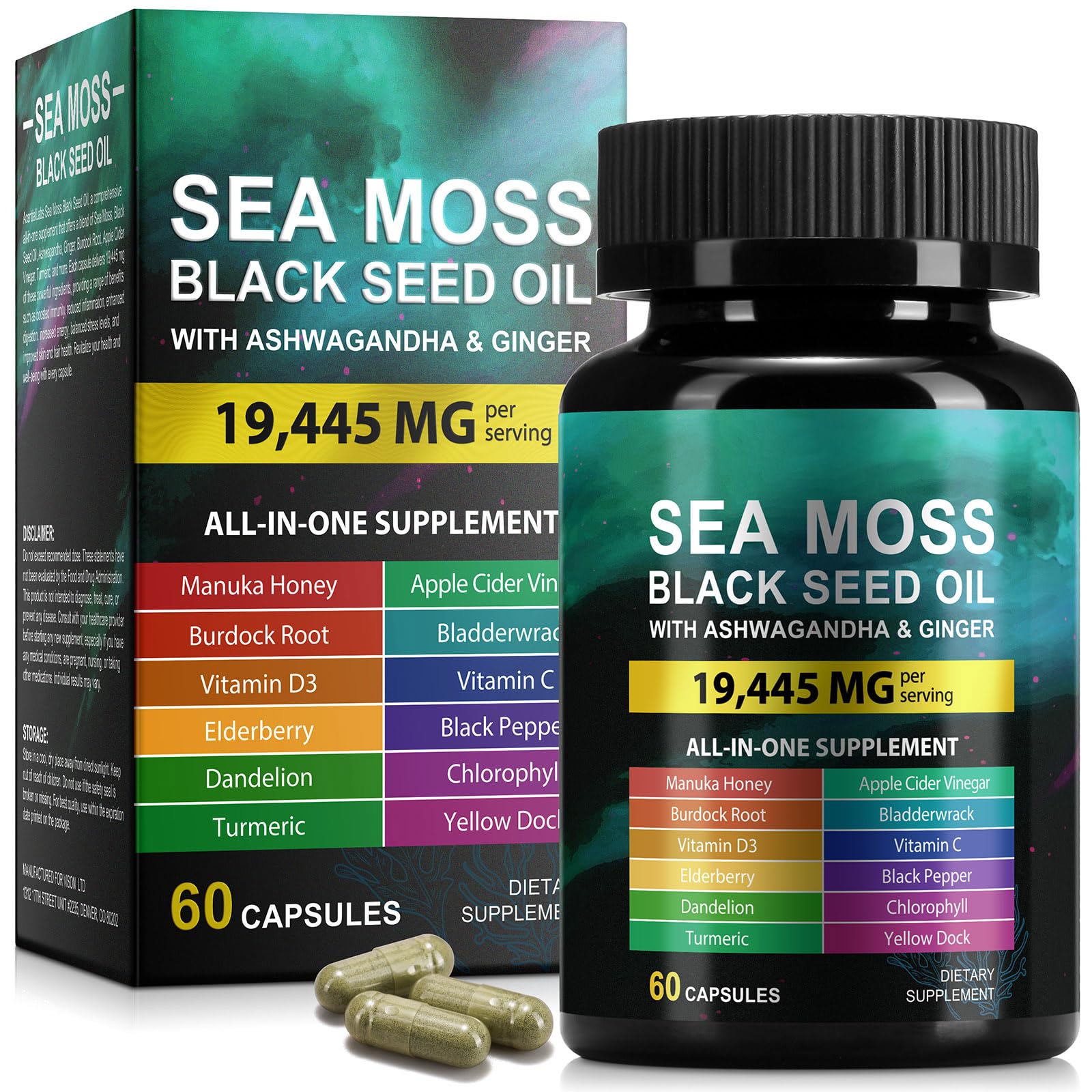 Sea Moss Black Seed Oil Ashwagandha Ginger Capsules, Seamoss Capsules Supplement with Bladderwrack Burdock & Vitamin C Vitamin D3 for Women & Men-Enhanced Immunity,60 Counts Vceeoy uk supplements