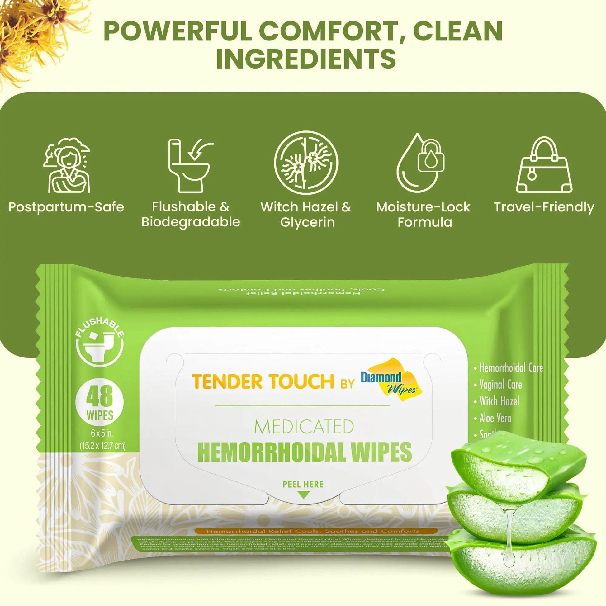 Tender Touch Hemorrhoid Wipes with Witch Hazel and Aloe, Flushable Medicated Wipes for Hemorrhoid and Vaginal Relief - Postpartum-Safe, Fragrance-free, Travel Size, 1 Pack, 48-ct. Diamond Wipes uk supplements