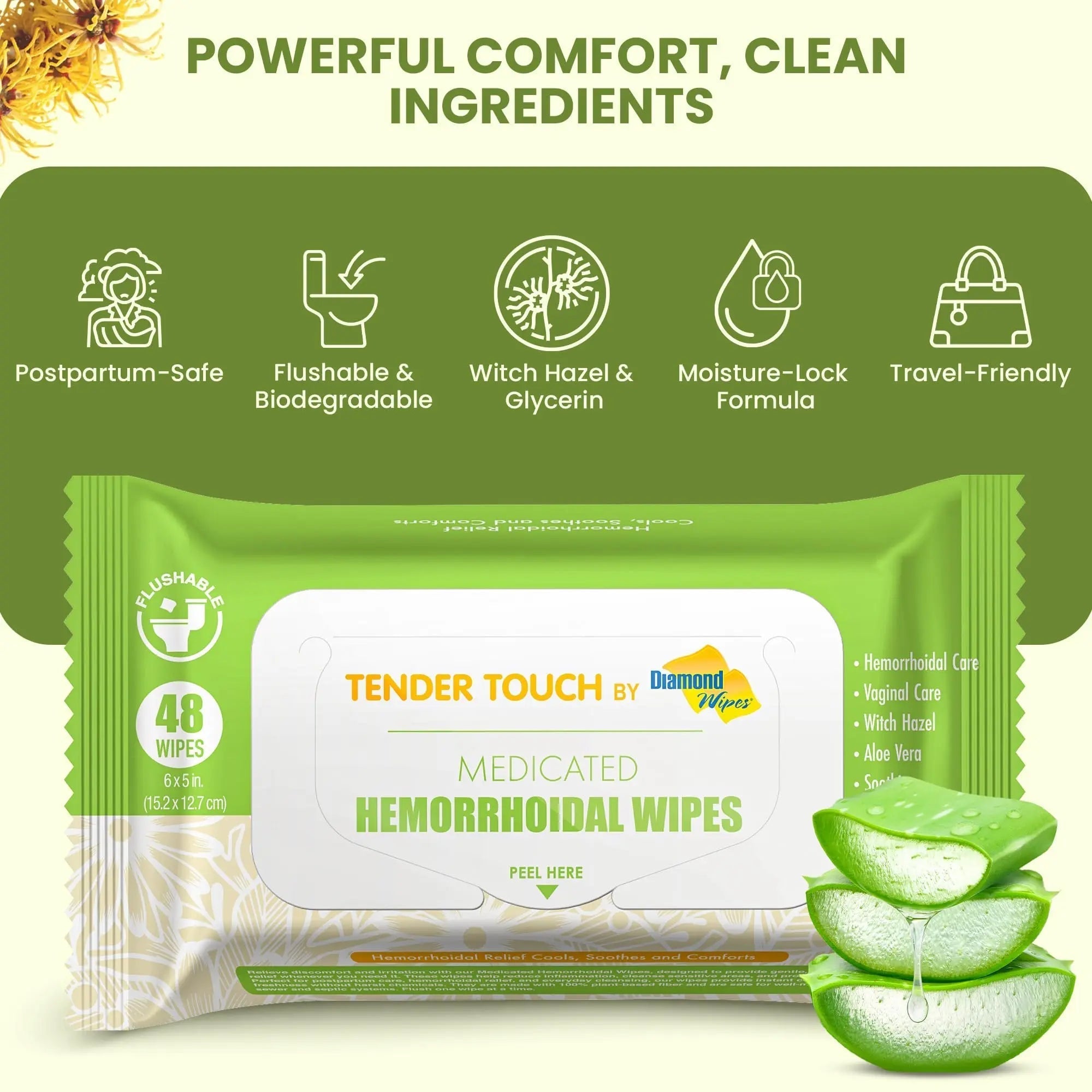 Tender Touch Hemorrhoid Wipes with Witch Hazel and Aloe, Flushable Medicated Wipes for Hemorrhoid and Vaginal Relief - Postpartum-Safe, Fragrance-free, Travel Size, 1 Pack, 48-ct. Diamond Wipes uk supplements